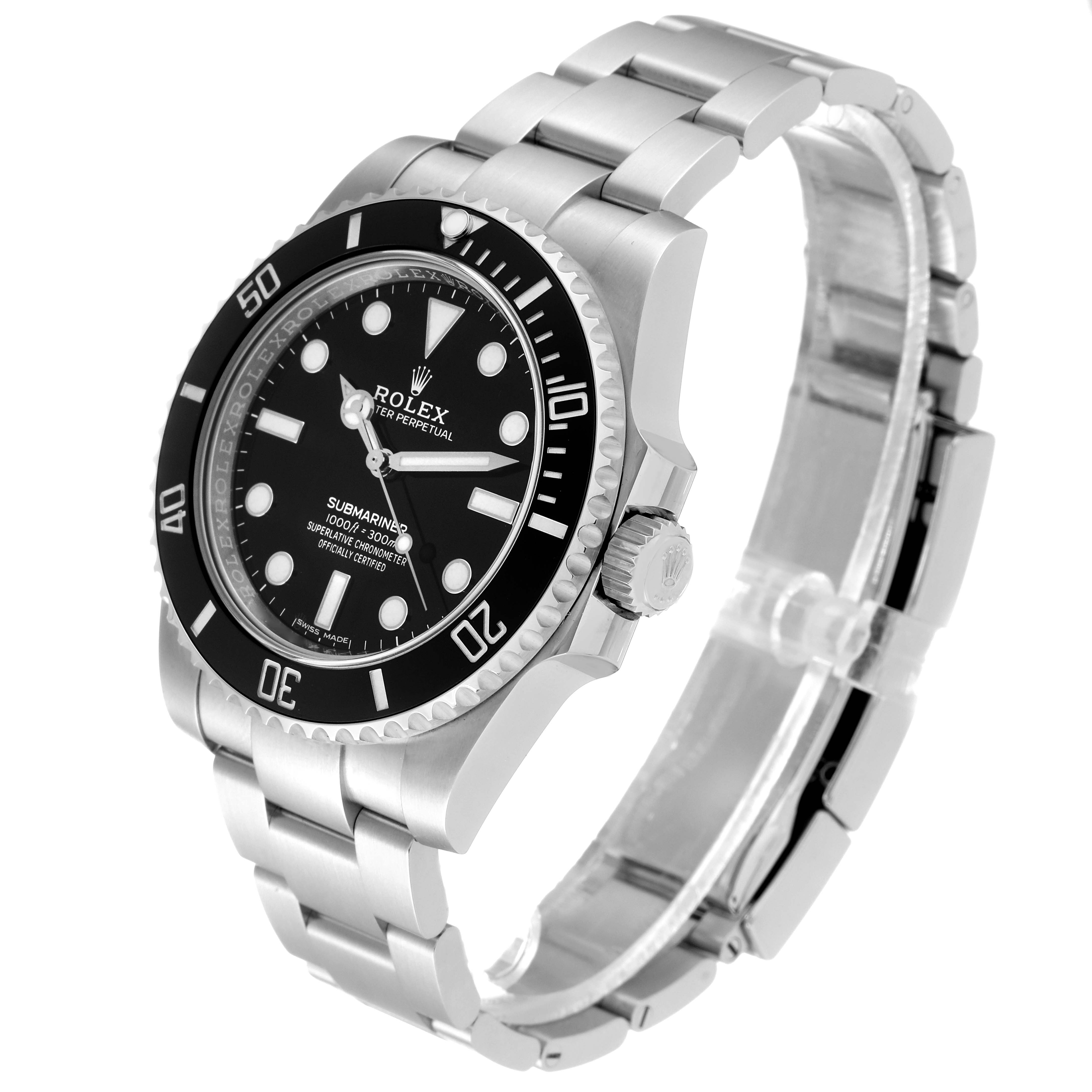 The Rolex Submariner 114060 Men
s Stainless Steel Black Dial 114060 Men
s Stainless Steel Black Dial watch is shown at an angle showcasing the dial, bezel, crown, and bracelet.