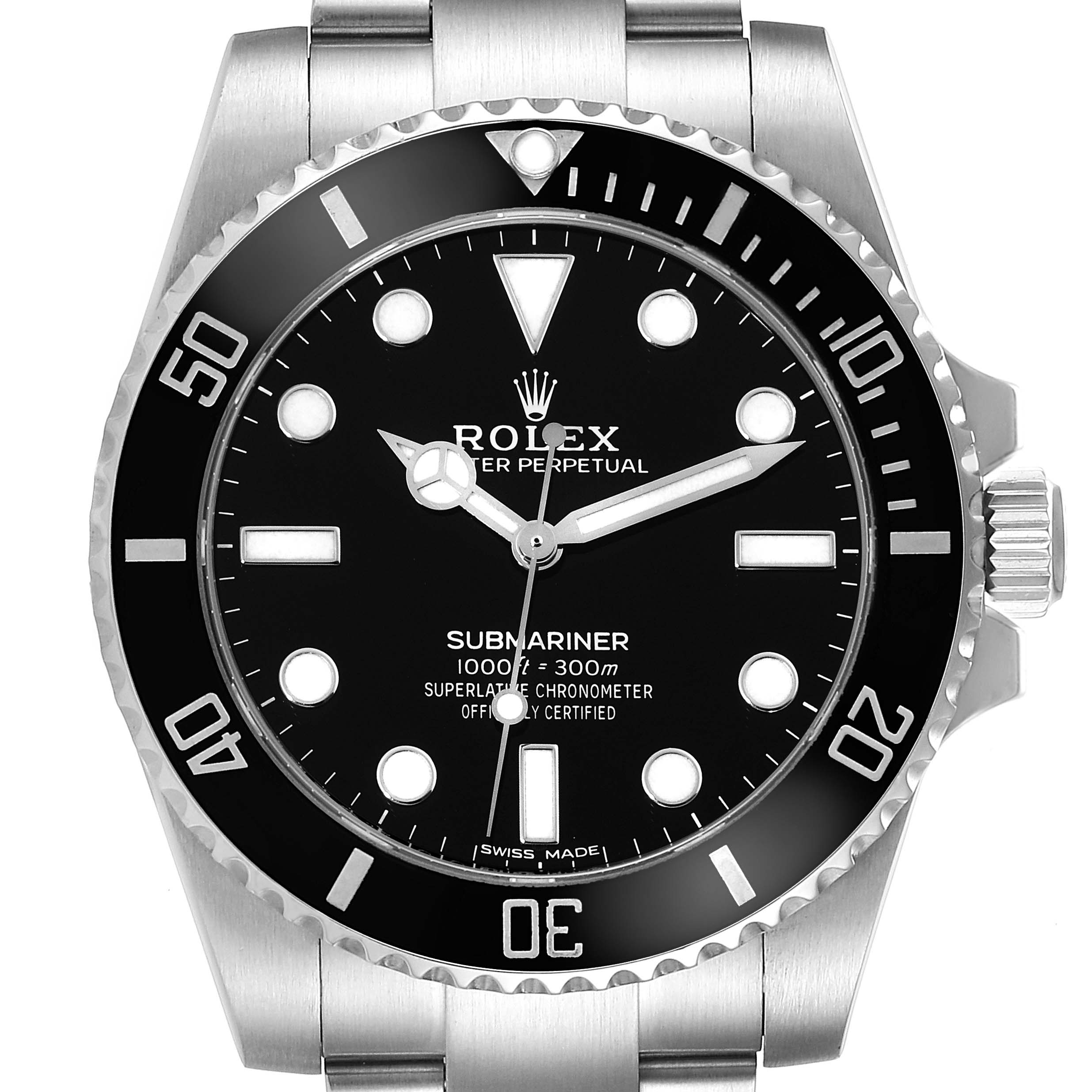 The image shows a front view of a Rolex Submariner 114060 Men
s Stainless Steel Black Dial 114060 Men
s Stainless Steel Black Dial watch, highlighting the dial, bezel, hands, and part of the bracelet.