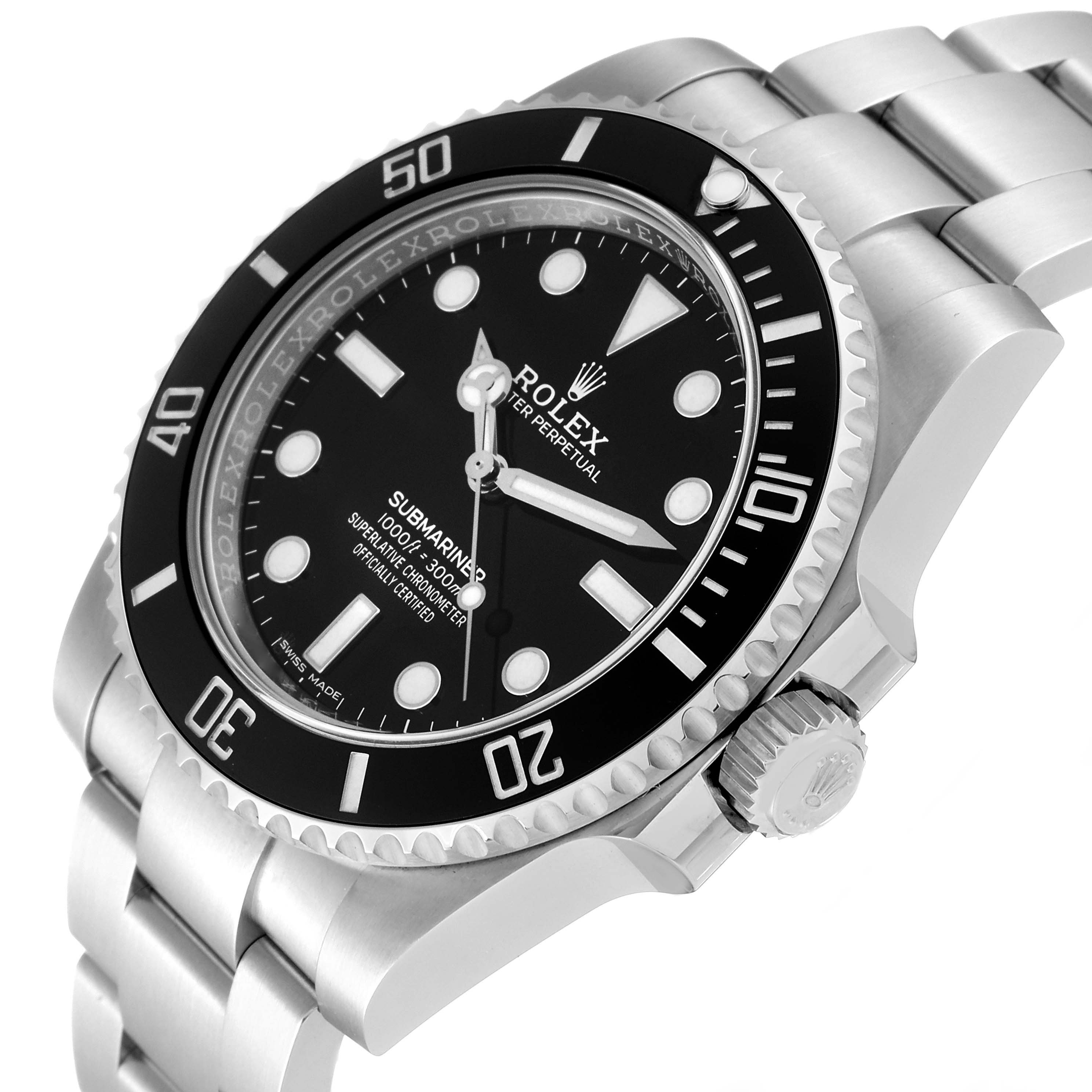 This image shows a Rolex Submariner 114060 Men
s Stainless Steel Black Dial 114060 Men
s Stainless Steel Black Dial watch from an angled side view, highlighting the bezel, crown, and bracelet.