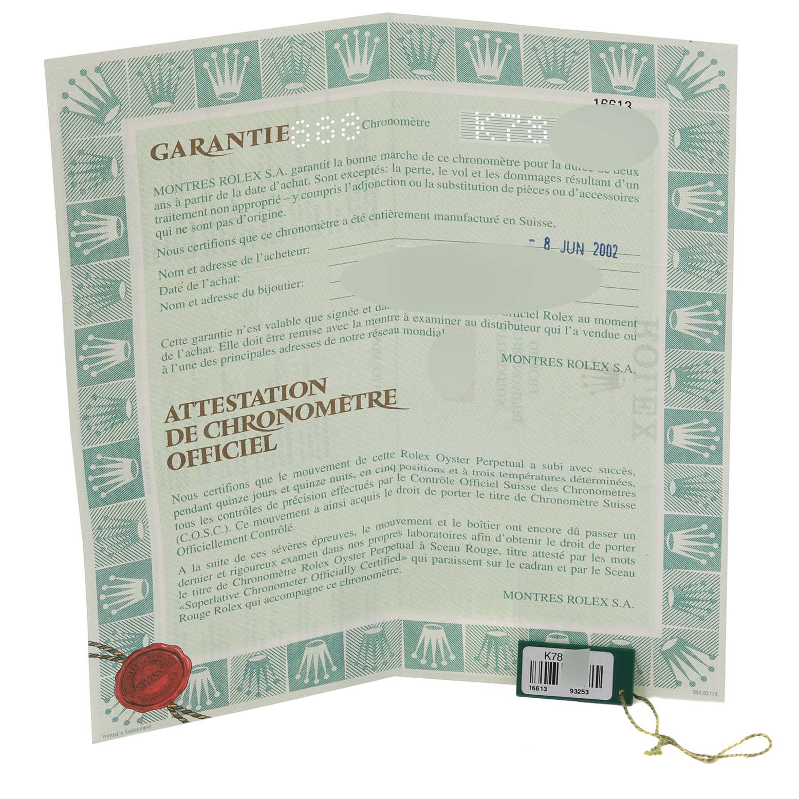 The image shows the warranty certificate for a Rolex Submariner 16613 Men's Steel and Gold (two tone) Blue Dial 16613 Men's Steel and Gold (two tone) Blue Dial, displaying the details and serial number.