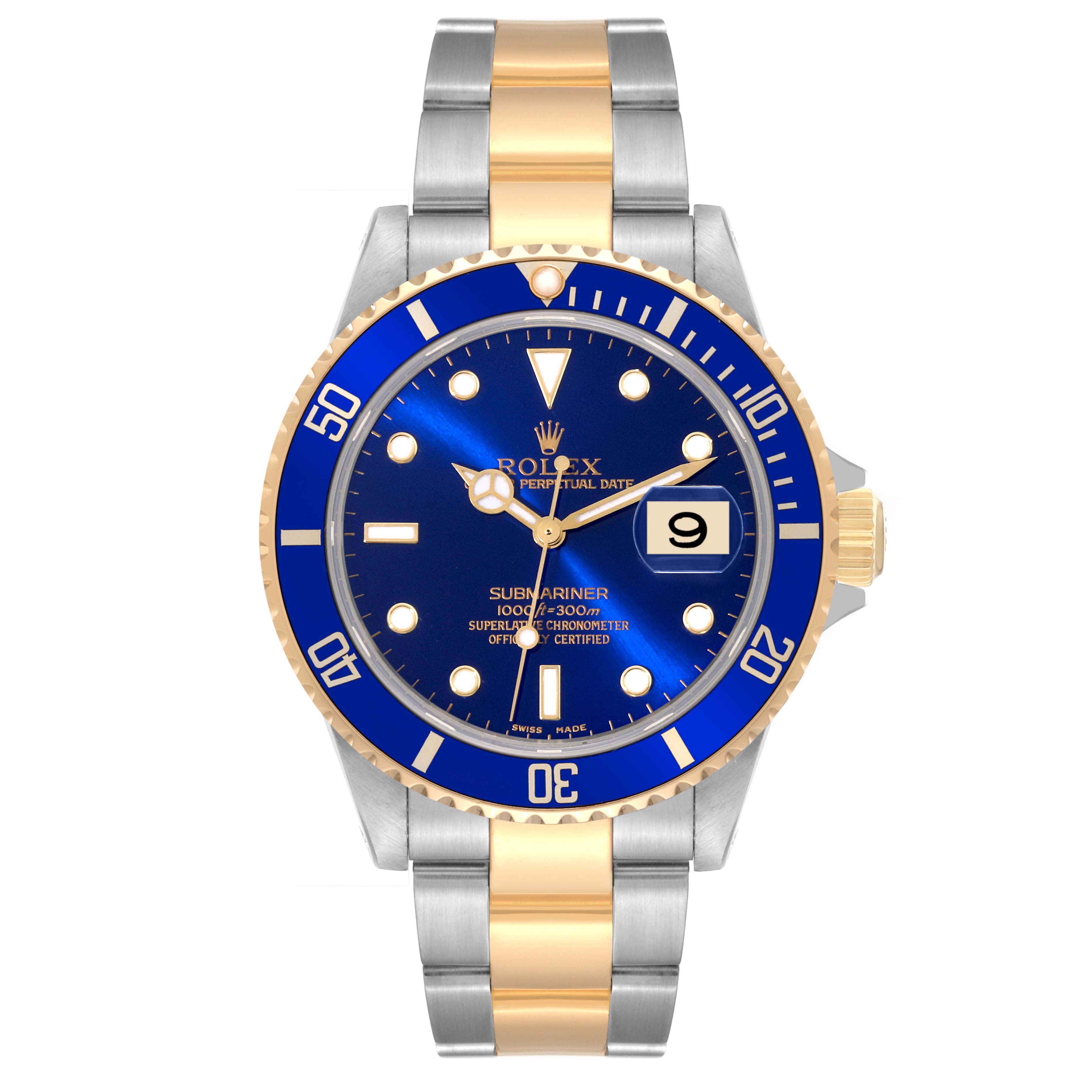 The image shows a front view of a Rolex Submariner 16613 Men's Steel and Gold (two tone) Blue Dial 16613 Men's Steel and Gold (two tone) Blue Dial watch, featuring a blue dial, a date window, and a two-tone metal bracelet.
