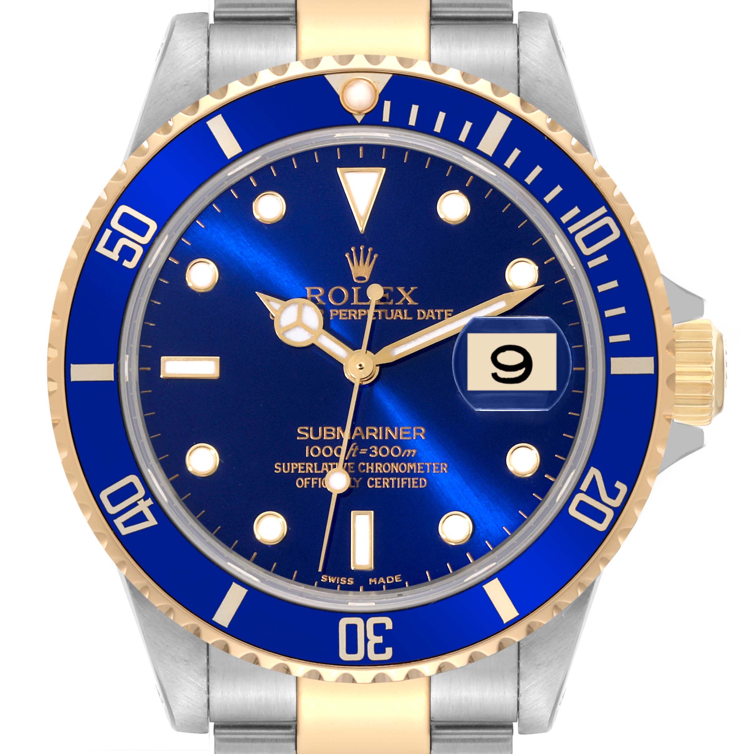 The image shows a front view of the Rolex Submariner 16613 Men's Steel and Gold (two tone) Blue Dial 16613 Men's Steel and Gold (two tone) Blue Dial watch, highlighting its blue dial and bezel, two-tone bracelet, and date window.