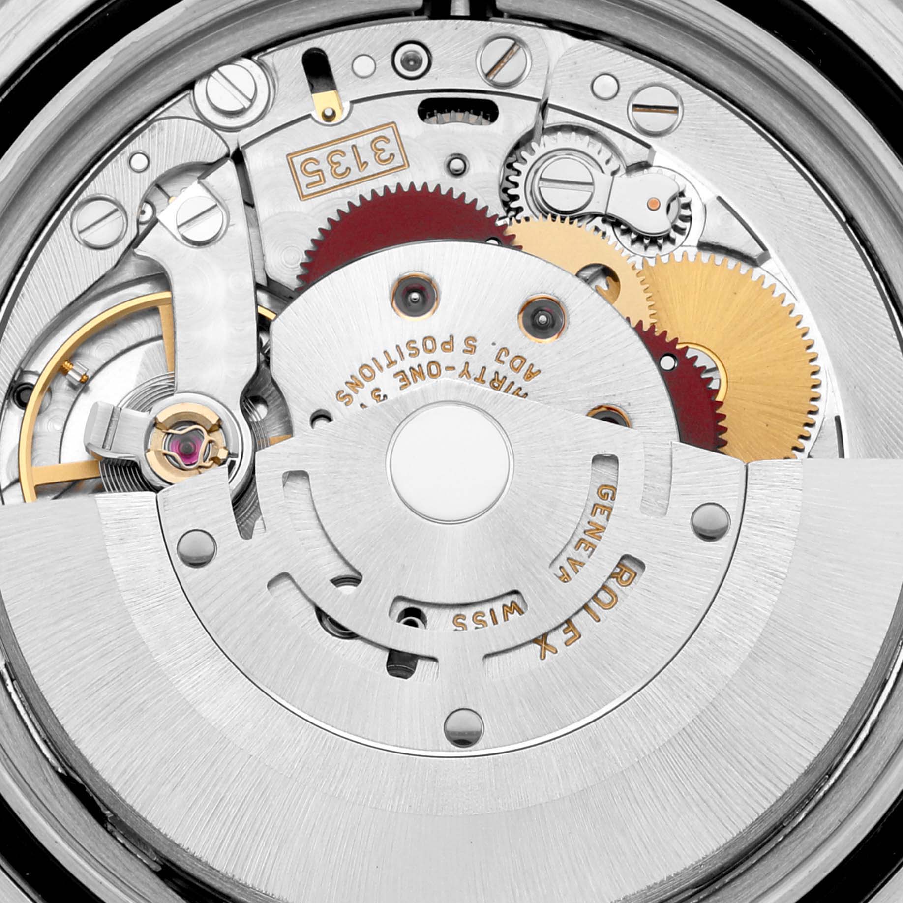This image shows the intricate internal mechanical parts of a Rolex Submariner 16613T Men
s Steel and Gold (two tone) Blue Dial 16613T Men
s Steel and Gold (two tone) Blue Dial watch movement from a top-down angle.