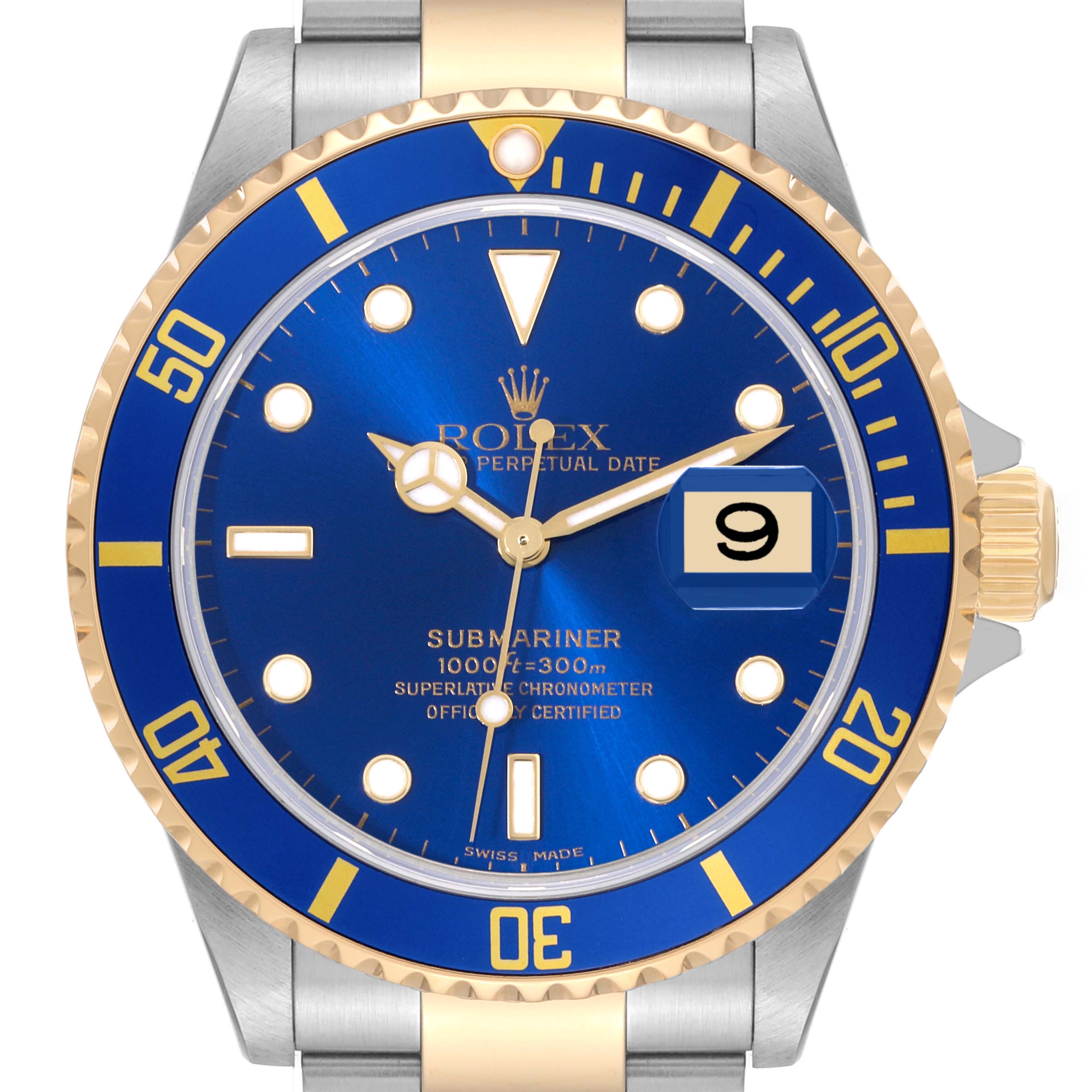 The image displays the face and part of the bracelet of a Rolex Submariner 16613T Men
s Steel and Gold (two tone) Blue Dial 16613T Men
s Steel and Gold (two tone) Blue Dial, highlighting the blue dial and gold rotating bezel.