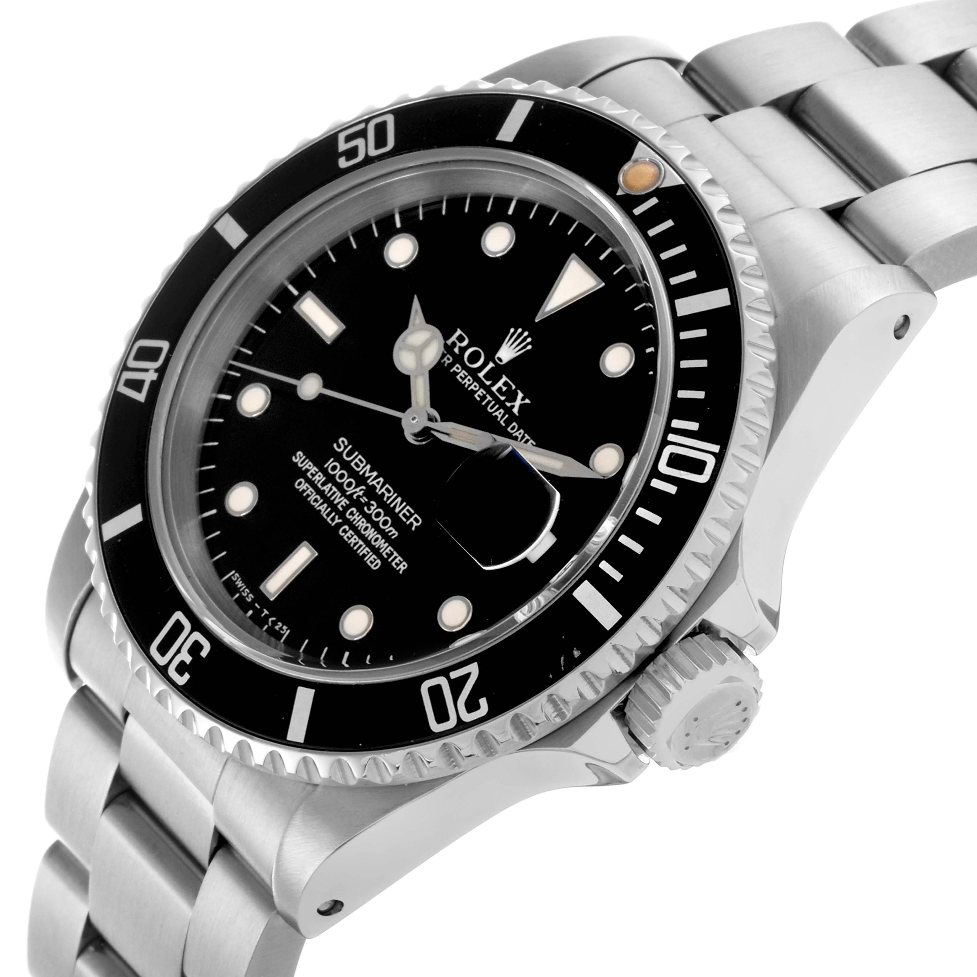 The Rolex Submariner 16610 Men's Stainless Steel Black Dial 16610 Men's Stainless Steel Black Dial watch is shown at a three-quarter angle, highlighting the bezel, dial, bracelet, and crown.