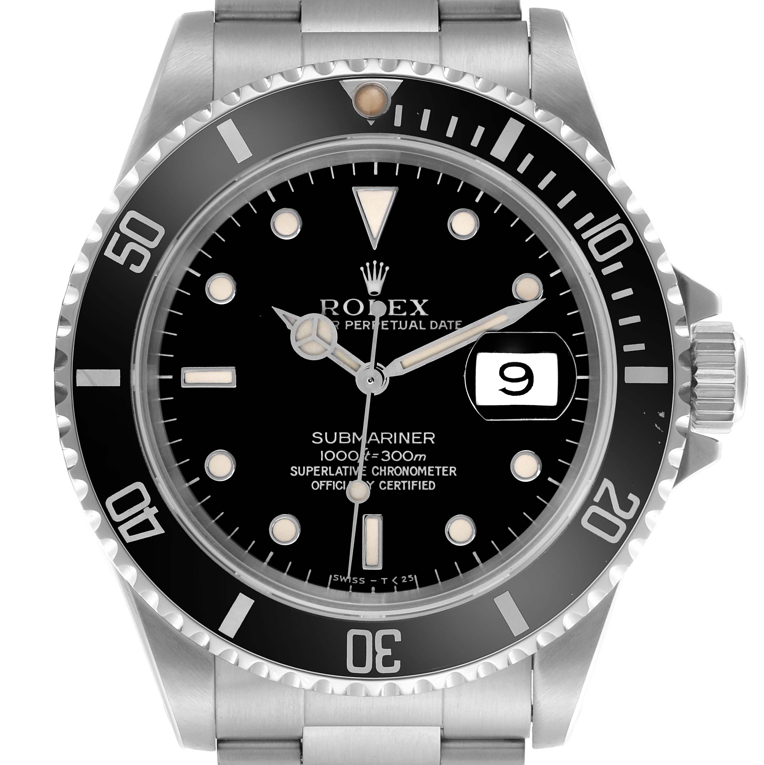The Rolex Submariner 16610 Men's Stainless Steel Black Dial 16610 Men's Stainless Steel Black Dial watch is shown from the front, displaying the dial, bezel, and part of the bracelet.