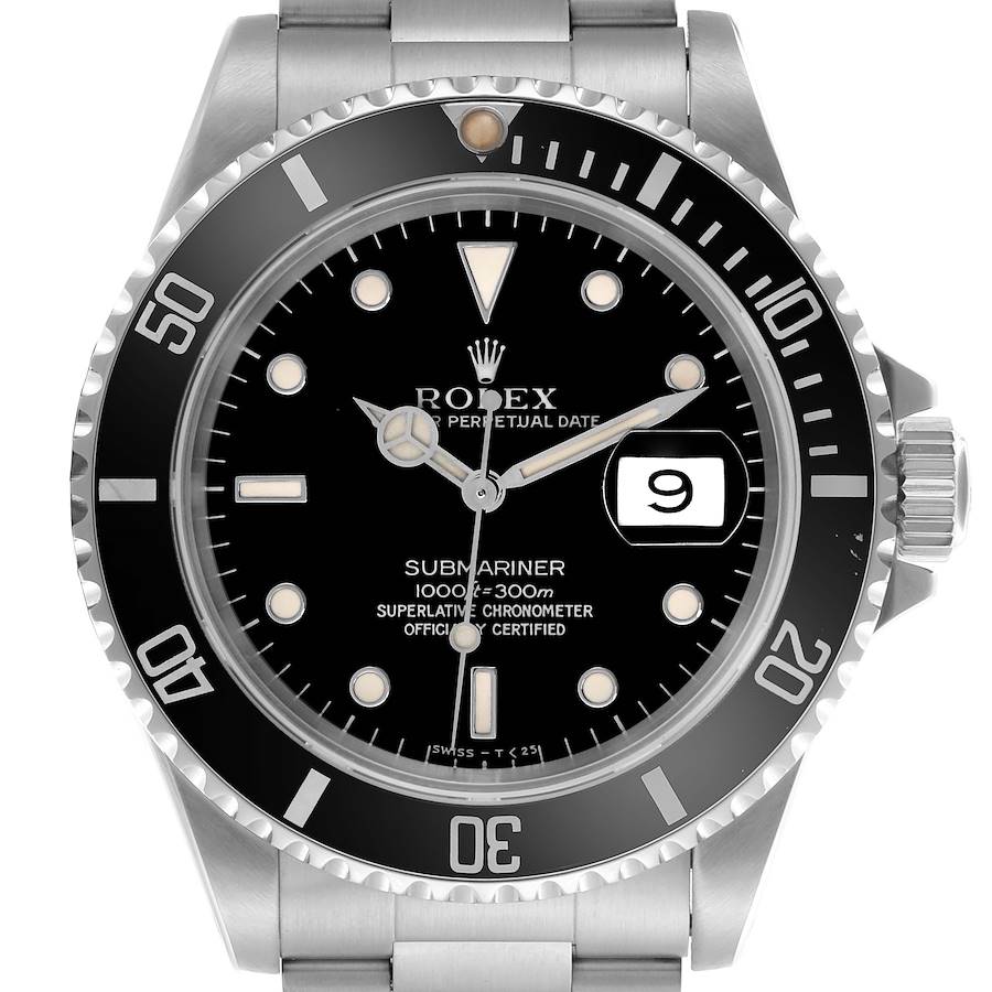 The Rolex Submariner watch is shown from the front, displaying the dial, bezel, and part of the bracelet.