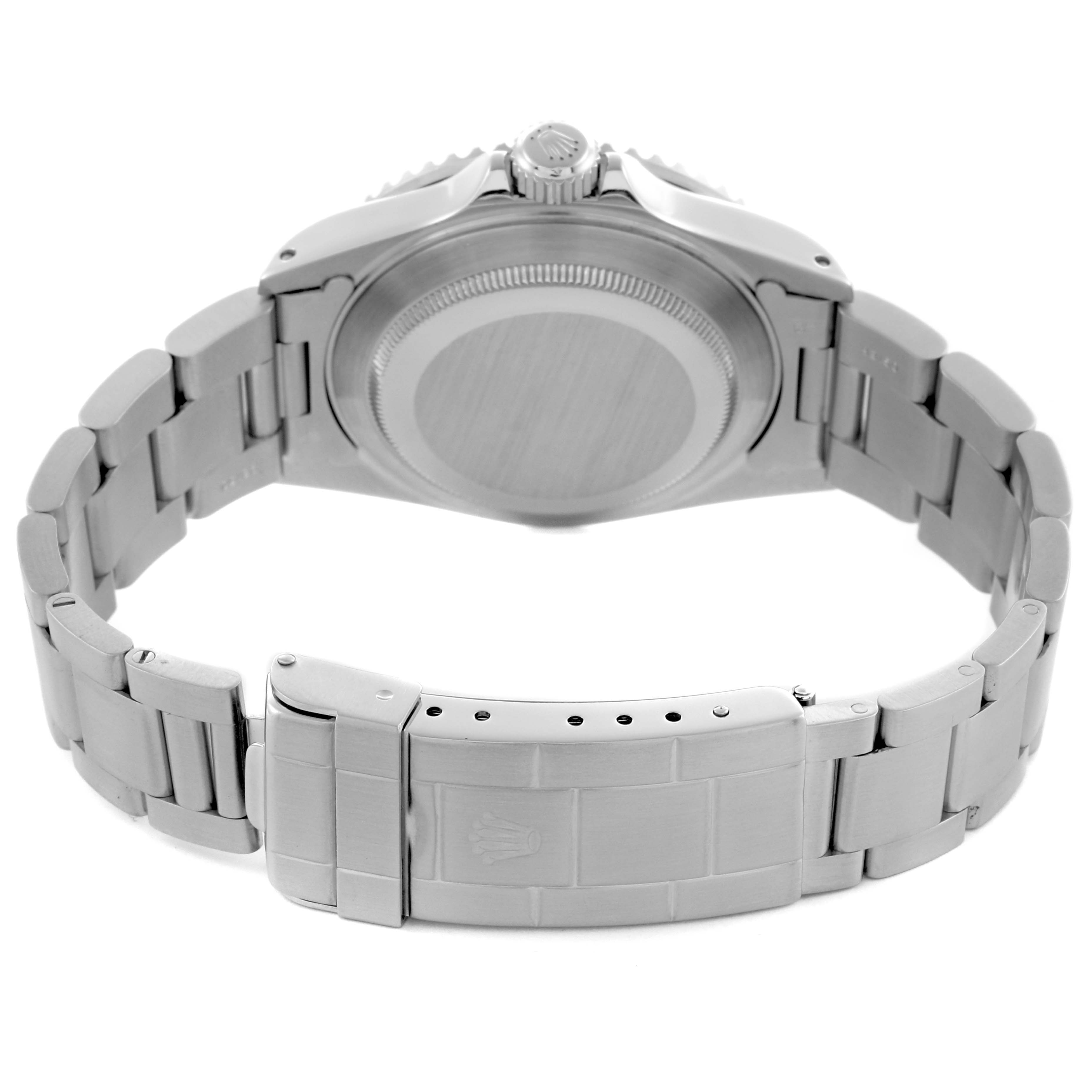 The image shows the back view of a Rolex Submariner 16610 Men's Stainless Steel Black Dial 16610 Men's Stainless Steel Black Dial, highlighting the bracelet, clasp, and case back.