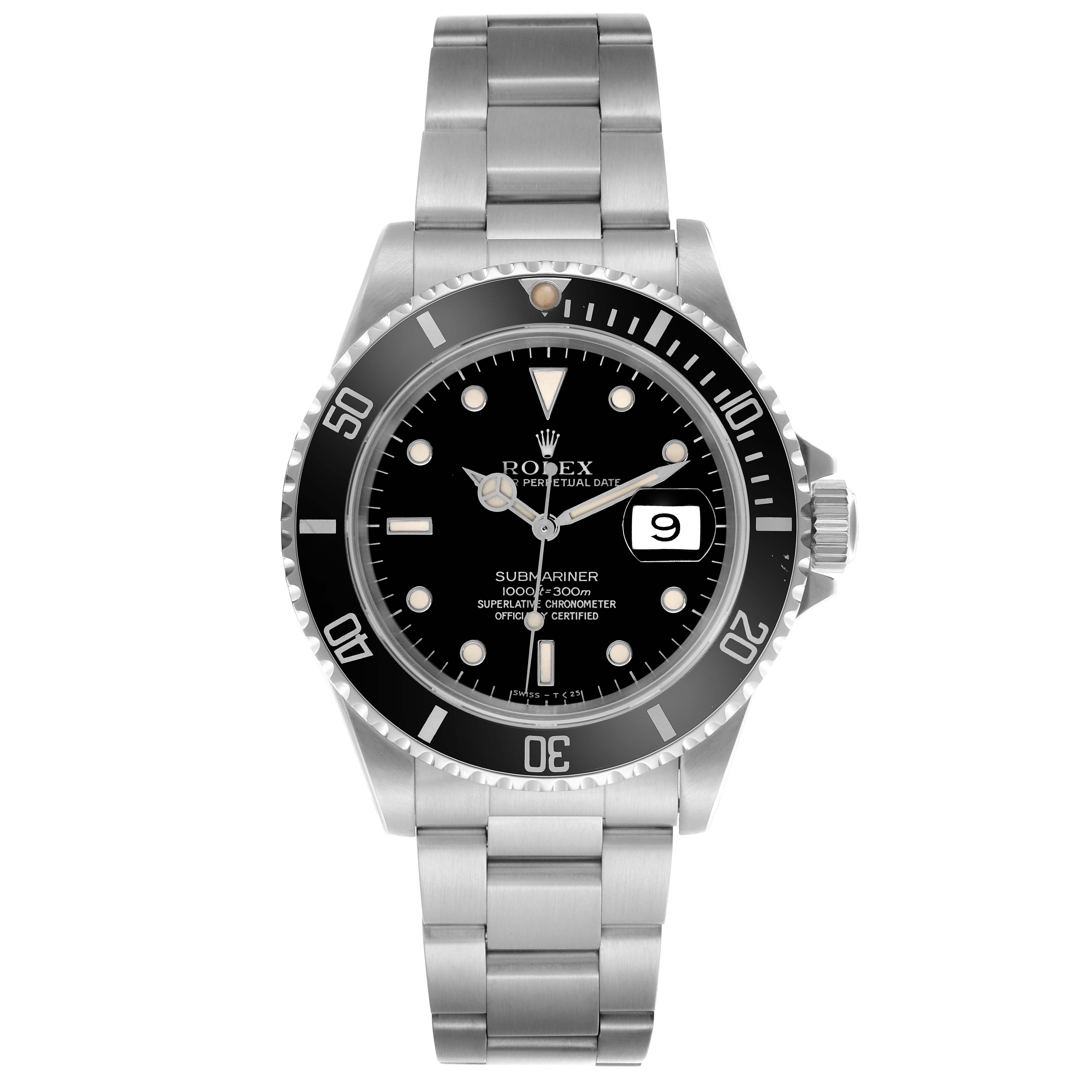 The Rolex Submariner 16610 Men's Stainless Steel Black Dial 16610 Men's Stainless Steel Black Dial watch is shown from the front, displaying its bezel, dial, hands, date window, and bracelet.