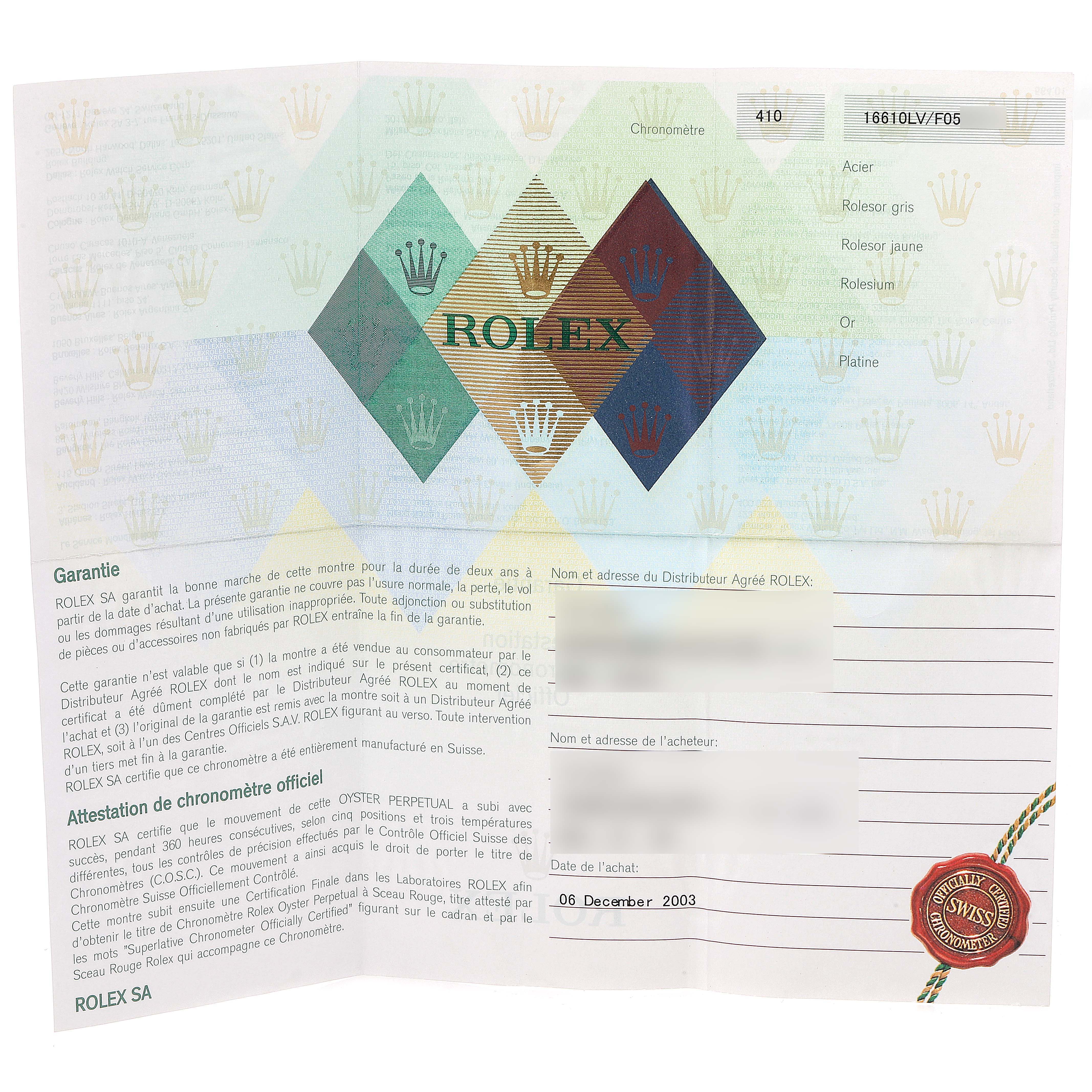 The image shows the guarantee and chronometer certification paperwork for a Rolex Submariner 16610LV Men's Stainless Steel Black Dial 16610LV Men's Stainless Steel Black Dial model.