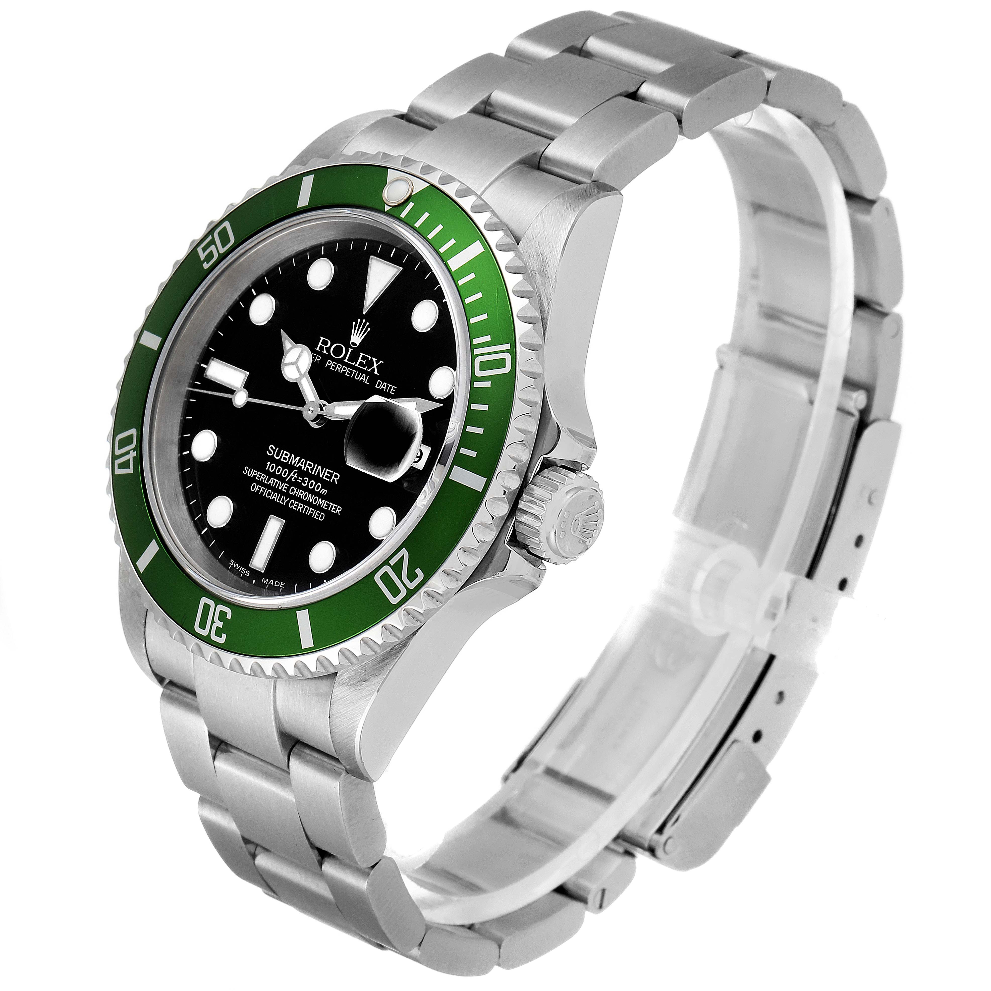 This image shows a Rolex Submariner 16610LV Men's Stainless Steel Black Dial 16610LV Men's Stainless Steel Black Dial watch at a three-quarter angle, displaying its face, bezel, and bracelet.