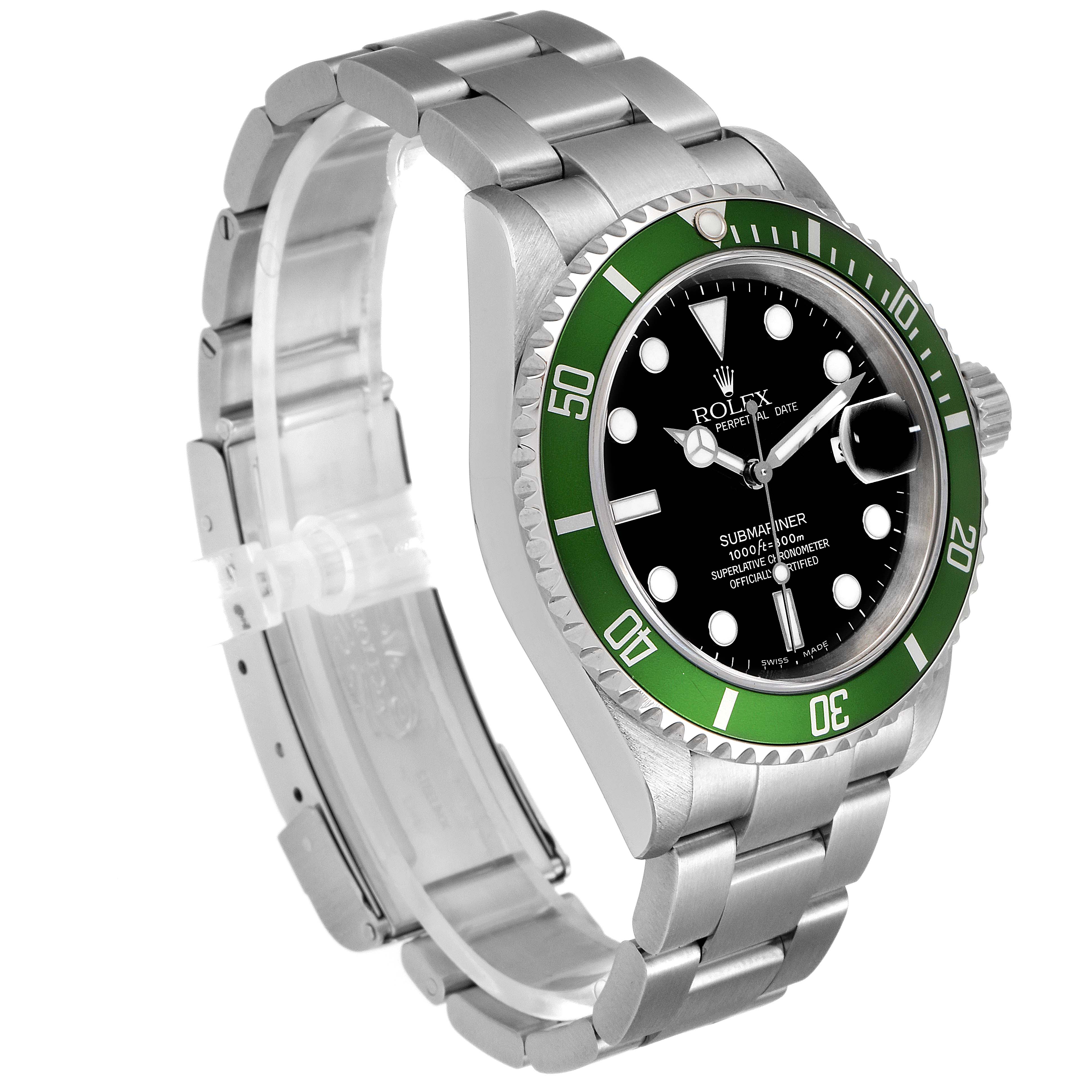 The image shows a Rolex Submariner 16610LV Men's Stainless Steel Black Dial 16610LV Men's Stainless Steel Black Dial watch from an angled side view, highlighting the bezel, dial, crown, and bracelet.