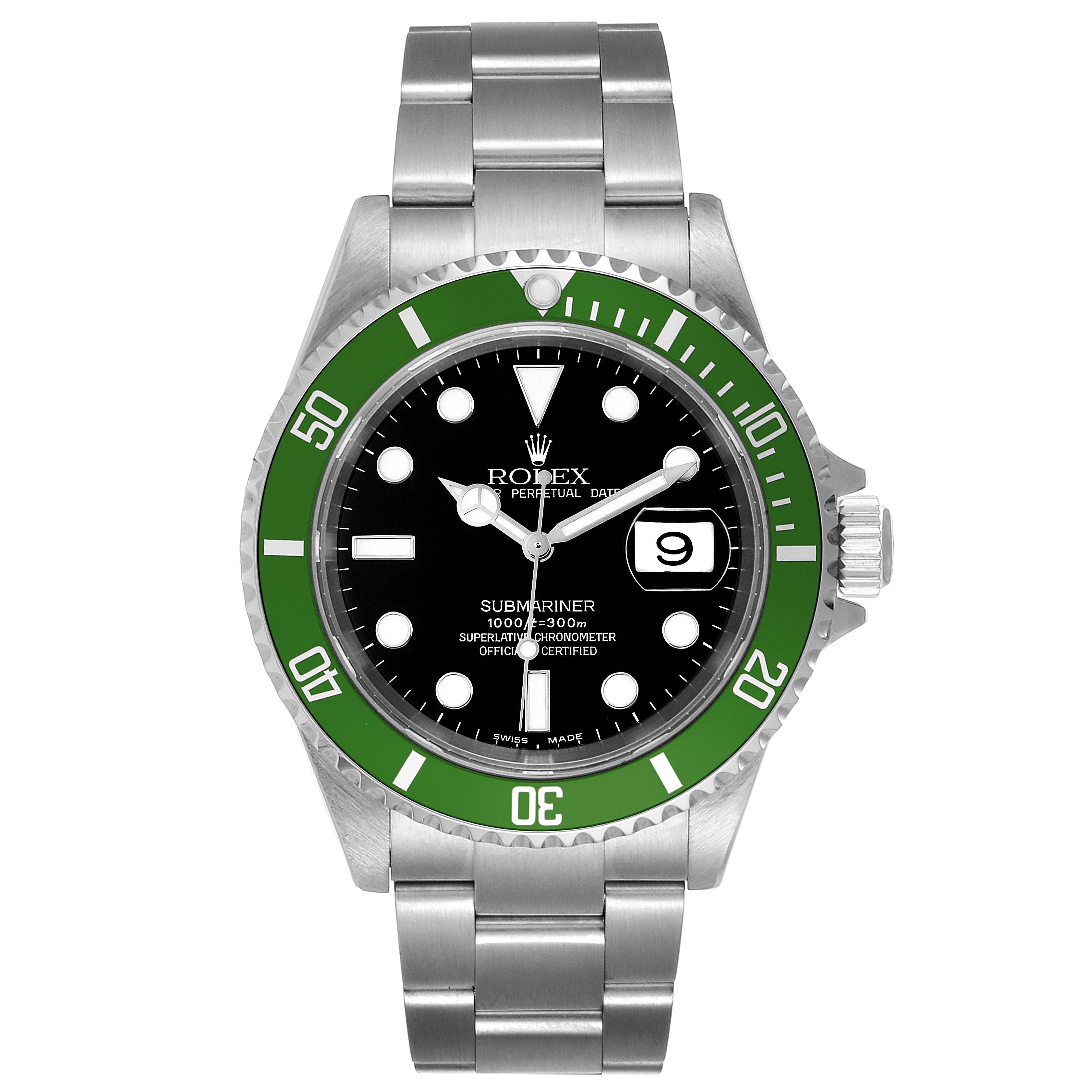This image shows a front view of a Rolex Submariner 16610LV Men's Stainless Steel Black Dial 16610LV Men's Stainless Steel Black Dial watch, highlighting its green bezel, black dial, and stainless steel bracelet.