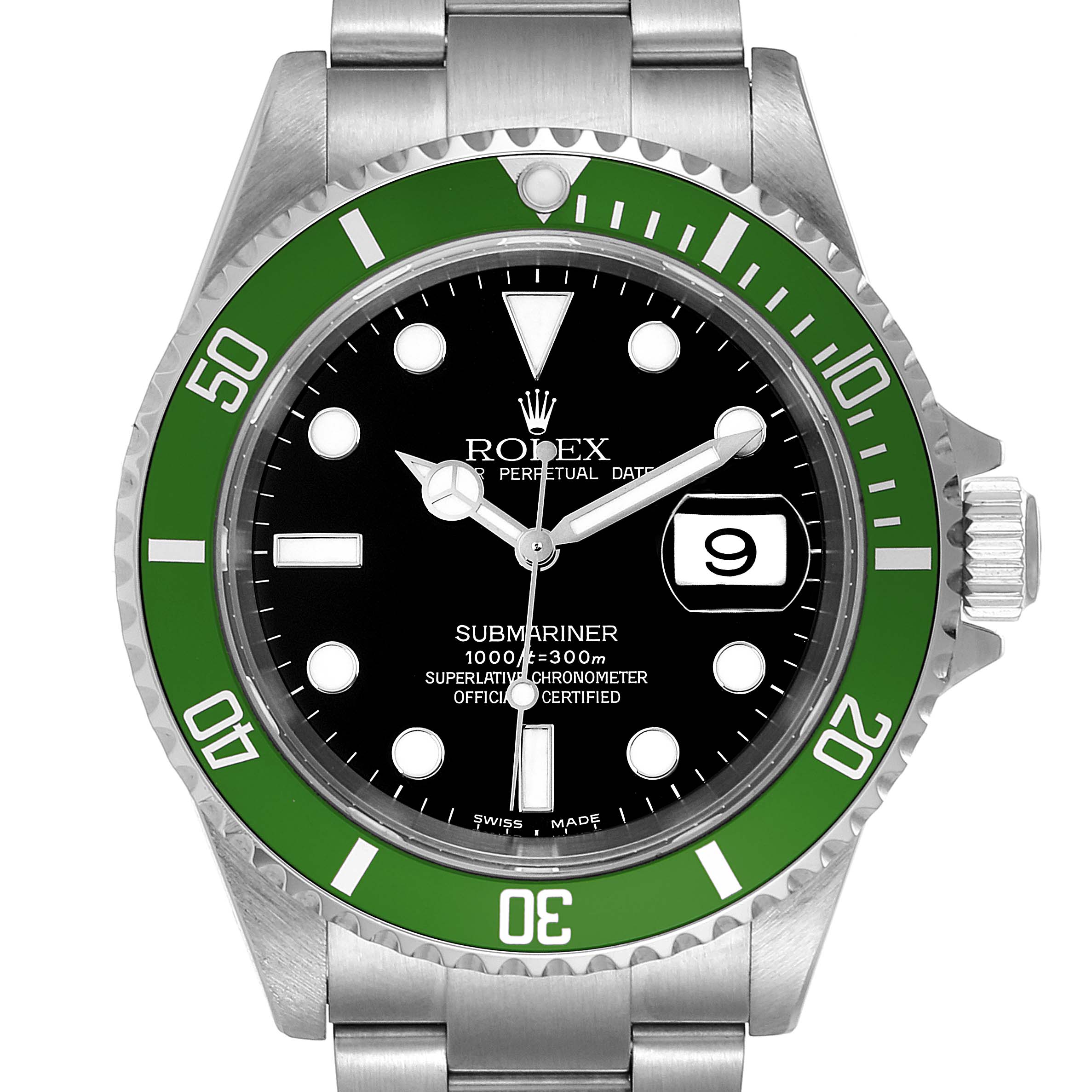 The image shows a front view of a Rolex Submariner 16610LV Men's Stainless Steel Black Dial 16610LV Men's Stainless Steel Black Dial watch, highlighting its green bezel, black dial, and date display.