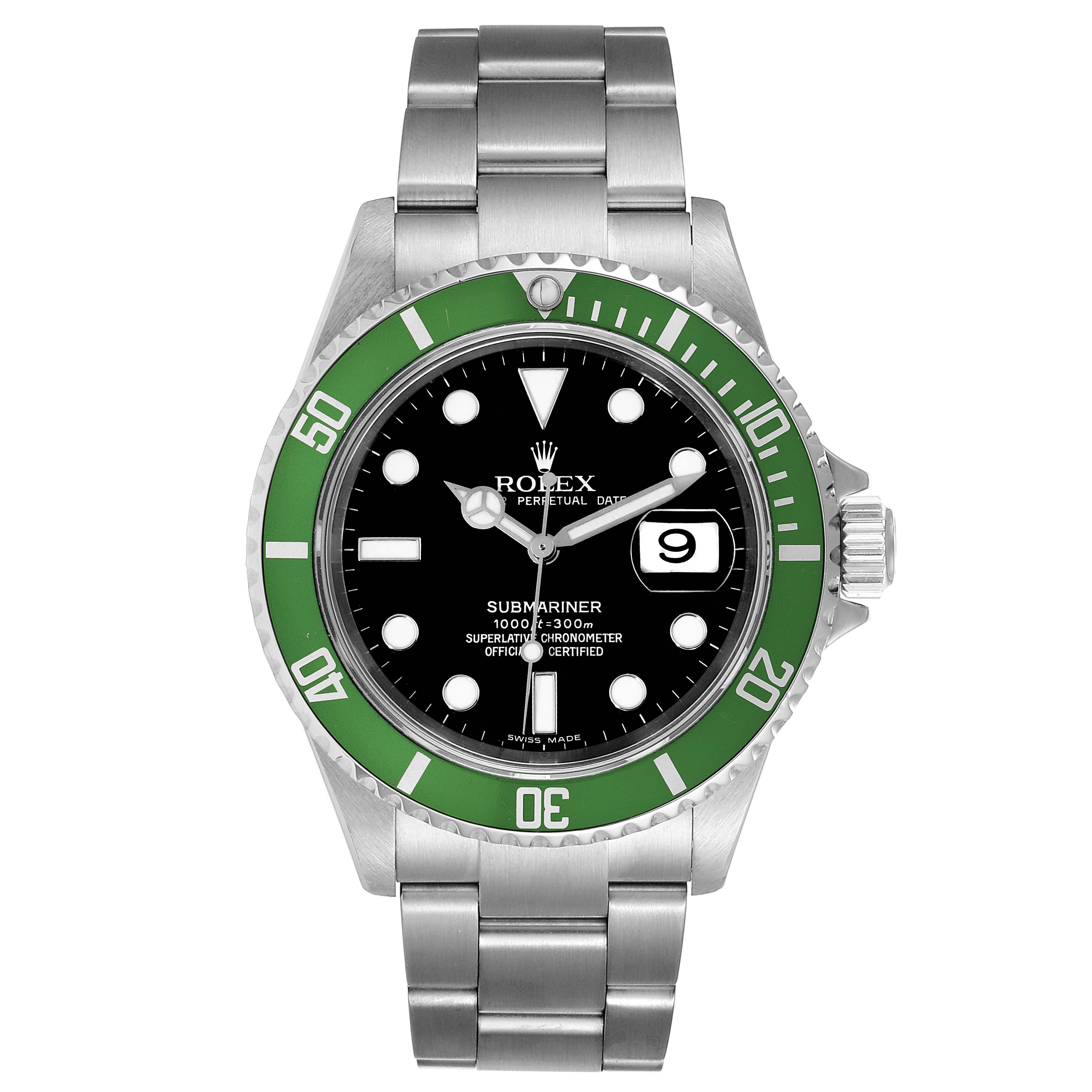 This image shows a front view of a Rolex Submariner 16610LV Men
s Stainless Steel Black Dial 16610LV Men
s Stainless Steel Black Dial watch with a green bezel and stainless steel bracelet.