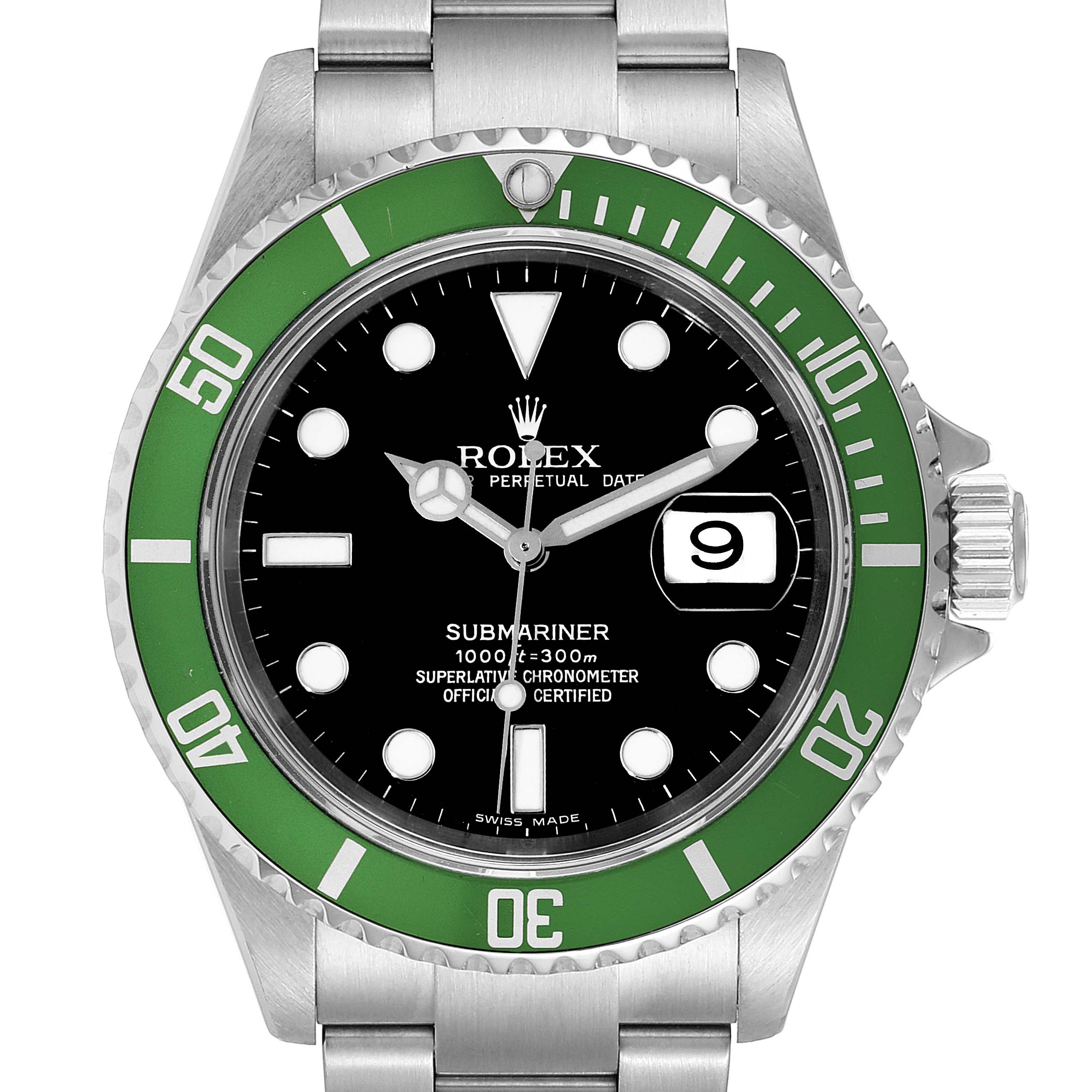 The image shows a front view of a Rolex Submariner 16610LV Men
s Stainless Steel Black Dial 16610LV Men
s Stainless Steel Black Dial watch, highlighting its green bezel, black dial, and metal bracelet.