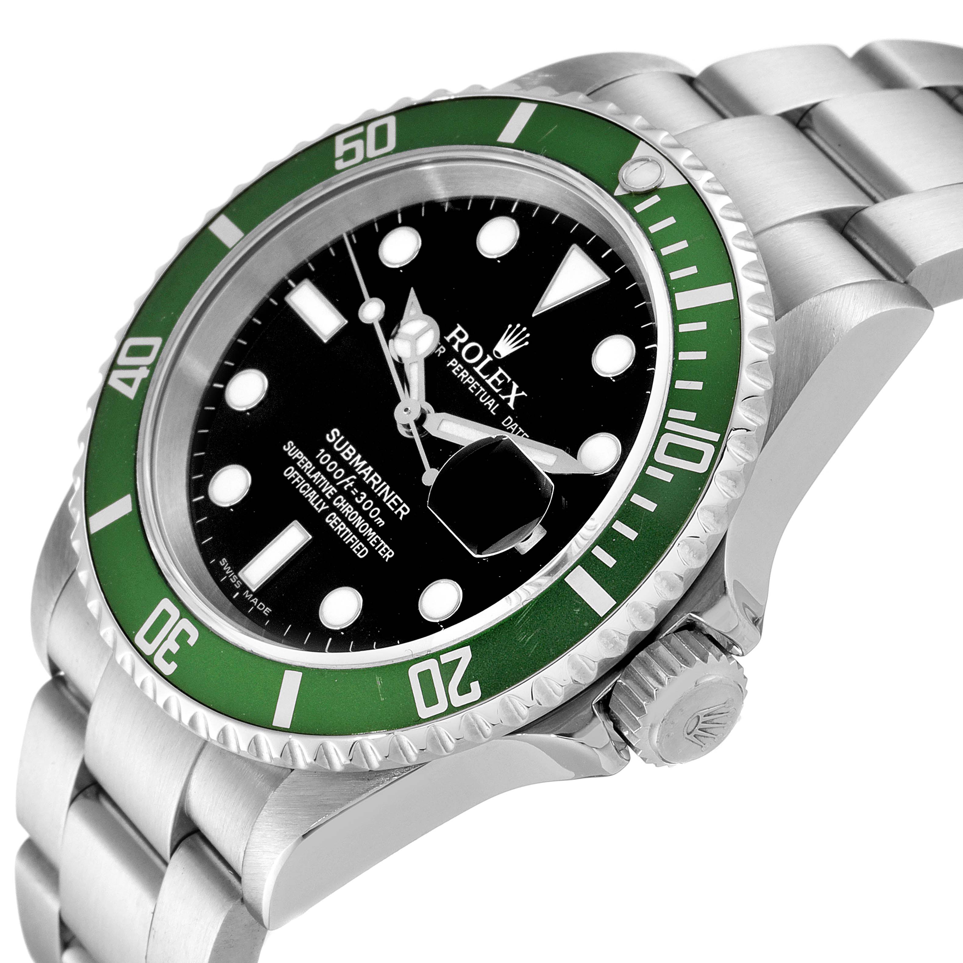 This image shows a Rolex Submariner 16610LV Men
s Stainless Steel Black Dial 16610LV Men
s Stainless Steel Black Dial watch from an angled side profile, highlighting the green bezel, black dial, and part of the bracelet.
