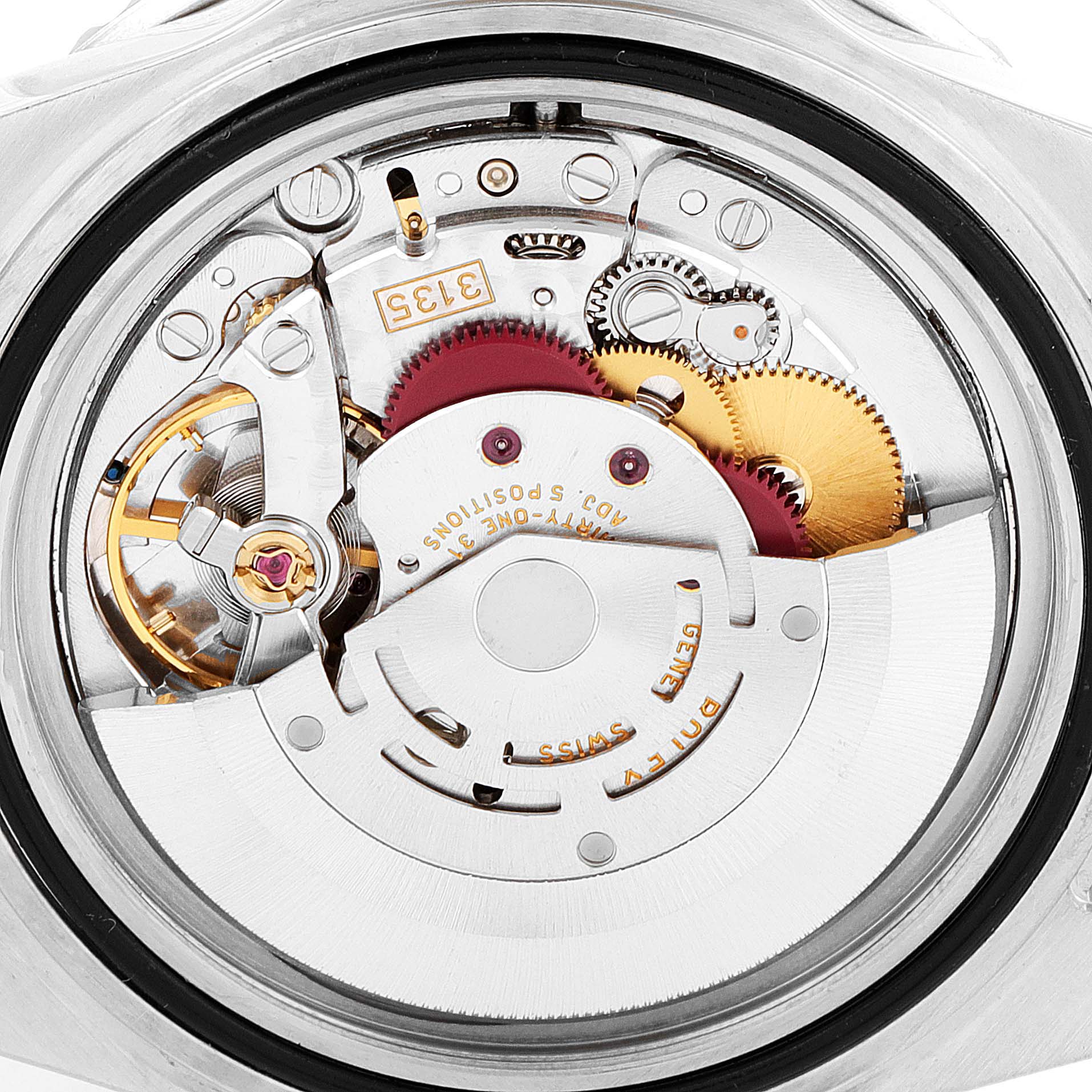 The image shows the internal mechanism and movement of the Rolex Submariner 16610LV Men
s Stainless Steel Black Dial 16610LV Men
s Stainless Steel Black Dial watch from a rear angle.