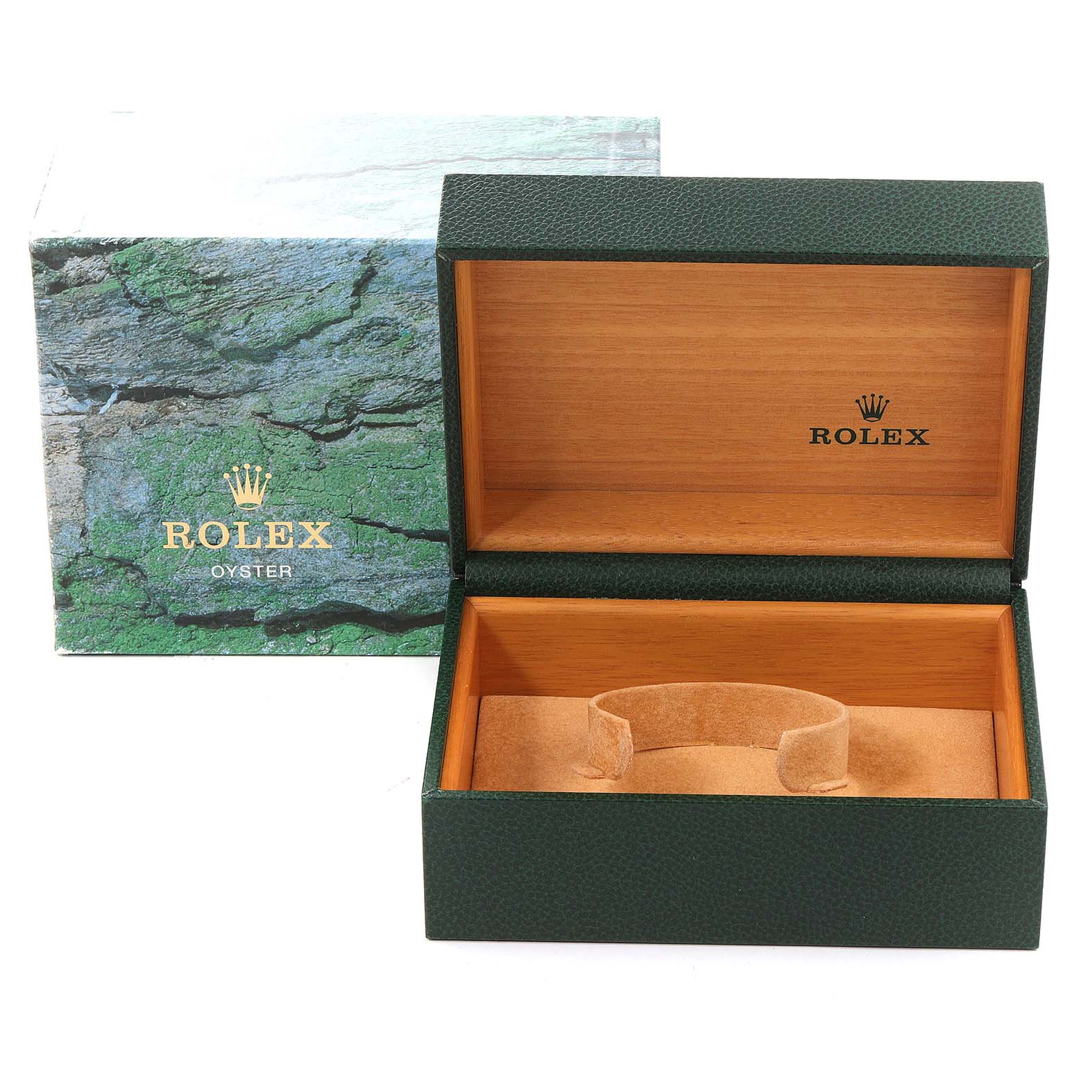 This image shows an open green and wooden Rolex Submariner 16610LV Men
s Stainless Steel Black Dial 16610LV Men
s Stainless Steel Black Dial watch box and its exterior packaging.
