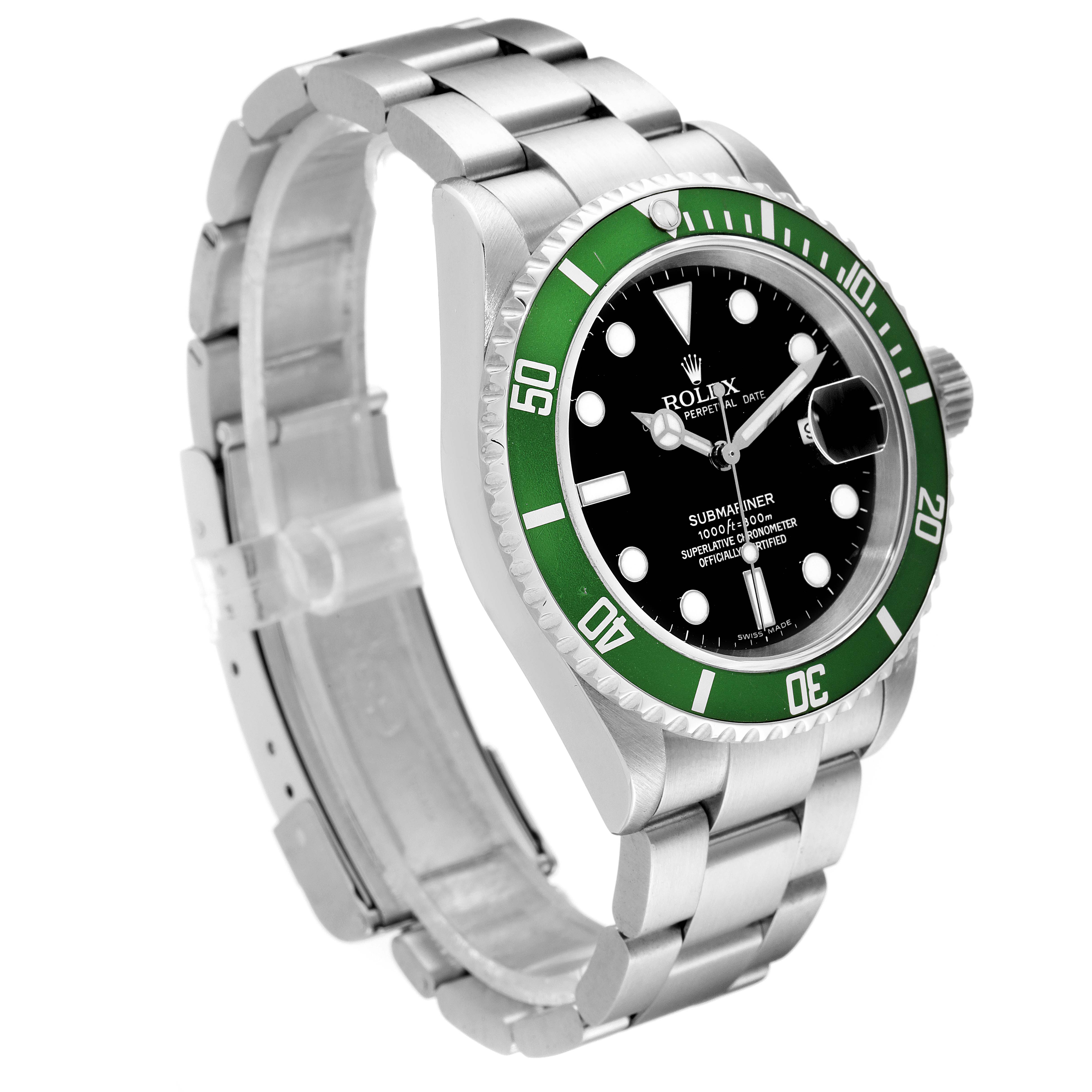 The image shows a Rolex Submariner 16610LV Men
s Stainless Steel Black Dial 16610LV Men
s Stainless Steel Black Dial watch at a three-quarter angle, highlighting its green bezel, dial, and stainless steel bracelet.