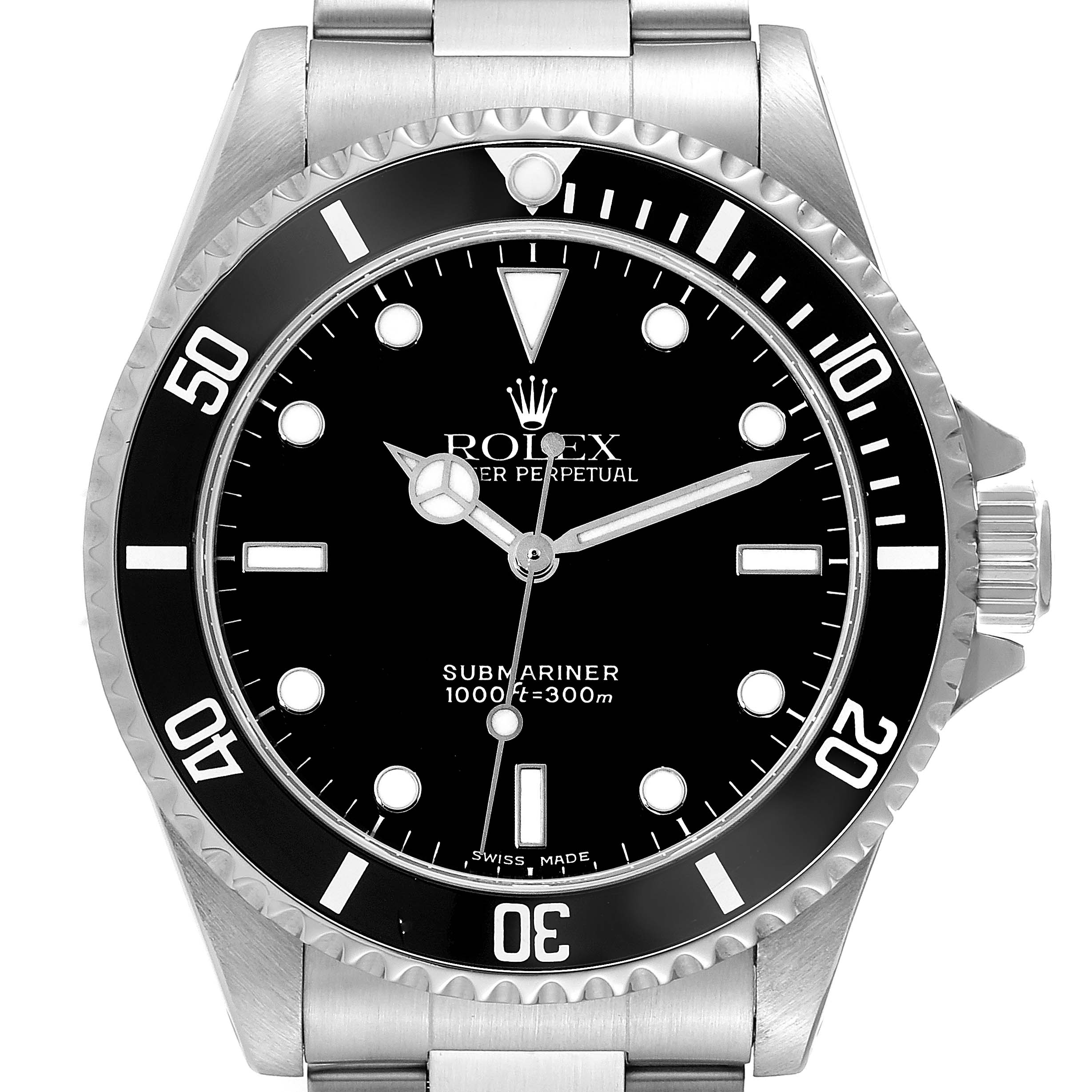 The image shows a front view of a Rolex Submariner 14060 Men
s Stainless Steel Black Dial 14060 Men
s Stainless Steel Black Dial, displaying the bezel, dial, hands, and part of the bracelet.
