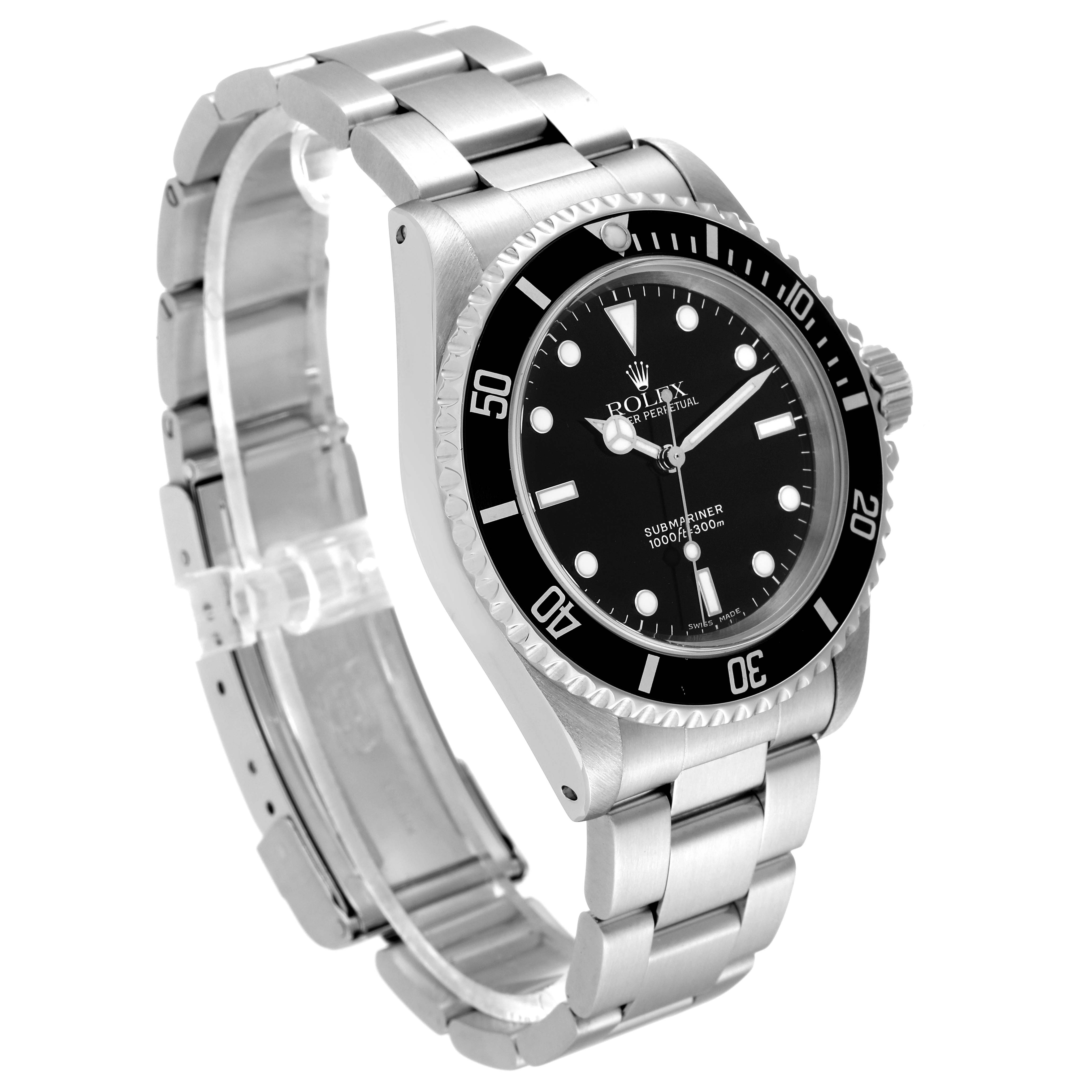 The image shows a Rolex Submariner 14060 Men
s Stainless Steel Black Dial 14060 Men
s Stainless Steel Black Dial watch at a three-quarter angle, highlighting the dial, bezel, and bracelet.