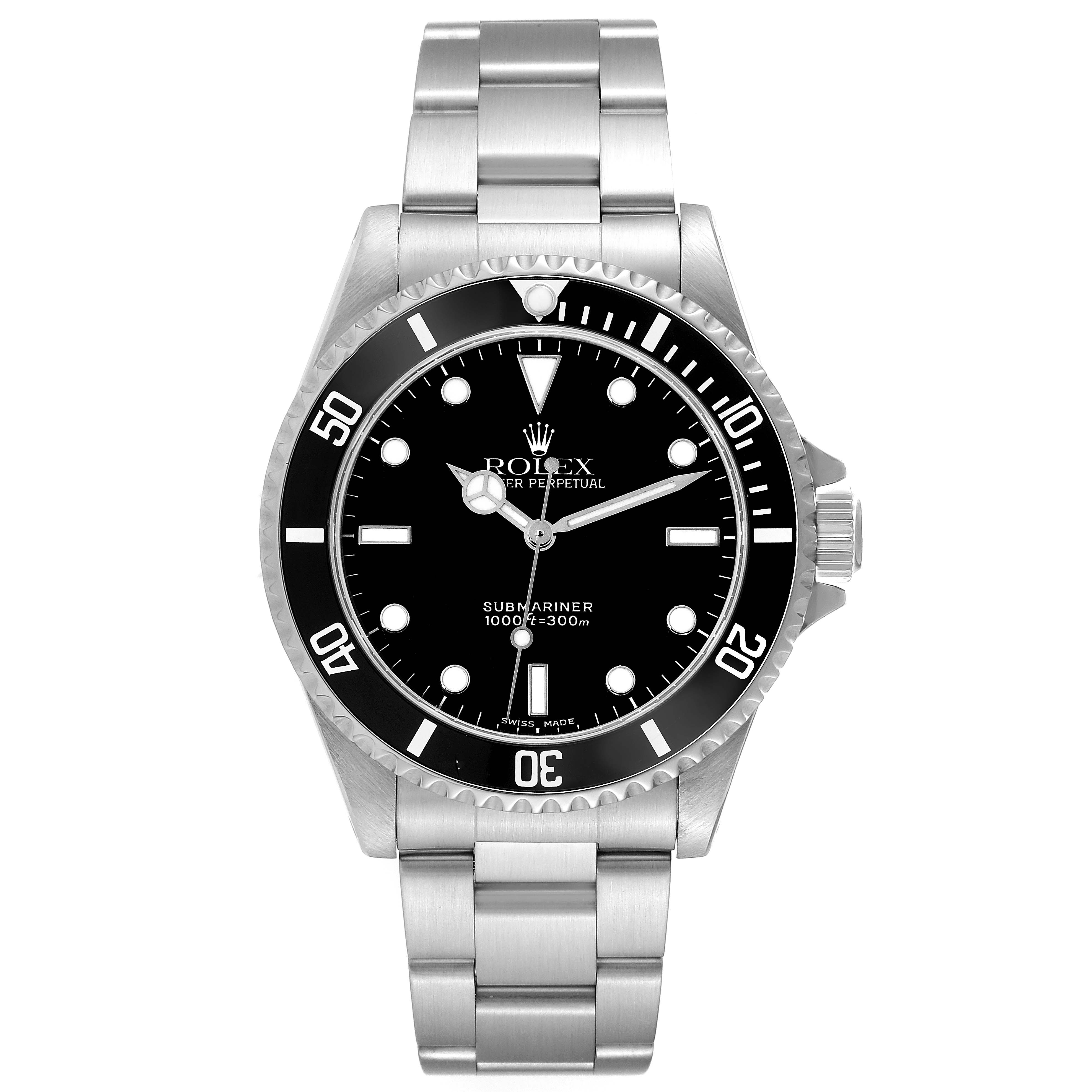 The image shows a front view of a Rolex Submariner 14060 Men
s Stainless Steel Black Dial 14060 Men
s Stainless Steel Black Dial watch, displaying its black dial, bezel, and stainless steel bracelet.