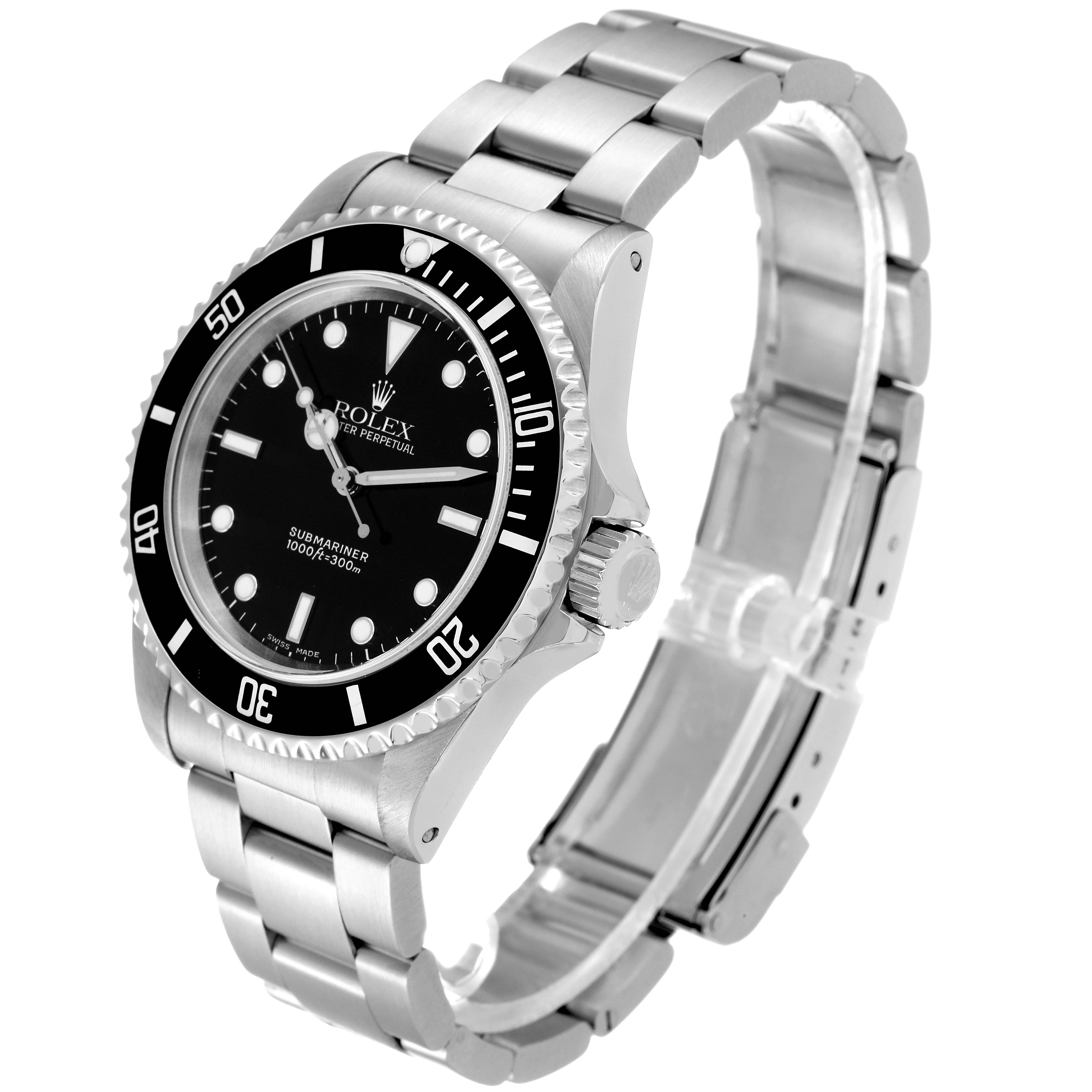 The image shows a Rolex Submariner 14060 Men
s Stainless Steel Black Dial 14060 Men
s Stainless Steel Black Dial watch angled to display the face, bezel, crown, and bracelet.