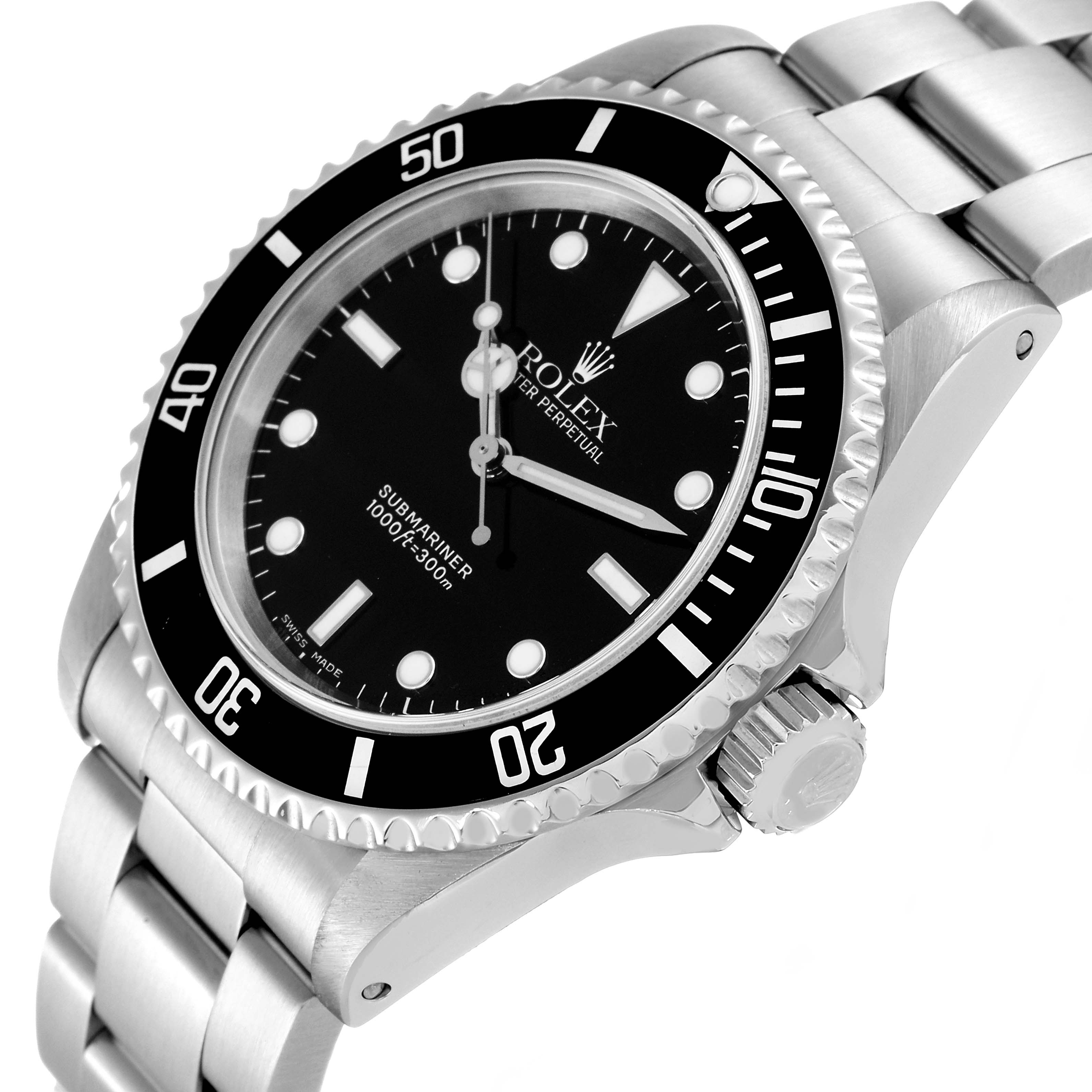 This image shows a Rolex Submariner 14060 Men
s Stainless Steel Black Dial 14060 Men
s Stainless Steel Black Dial watch at a three-quarter angle highlighting the bezel, dial, and bracelet.