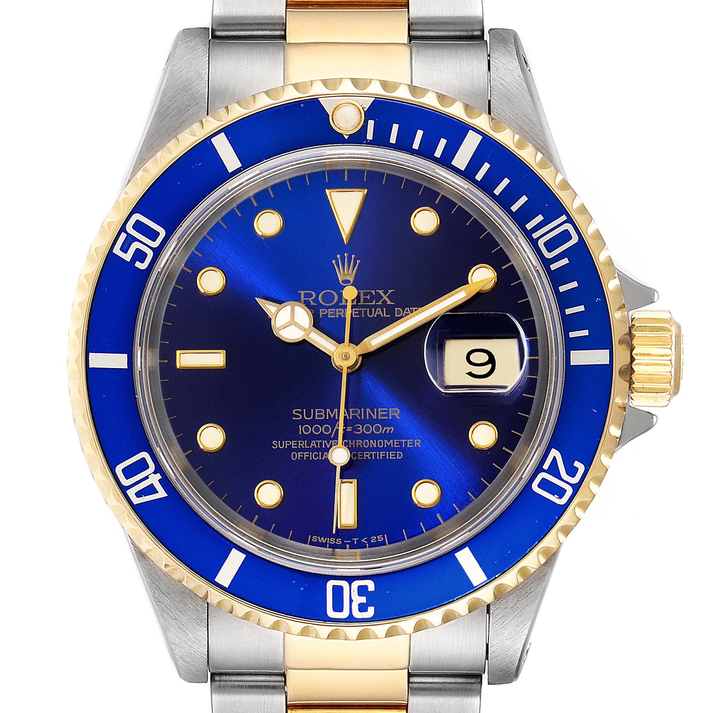 The image shows a front view of a Rolex Submariner 16613 Men
s Steel and Gold (two tone) Blue Dial 16613 Men
s Steel and Gold (two tone) Blue Dial watch, showcasing the dial, bezel, and part of the bracelet.