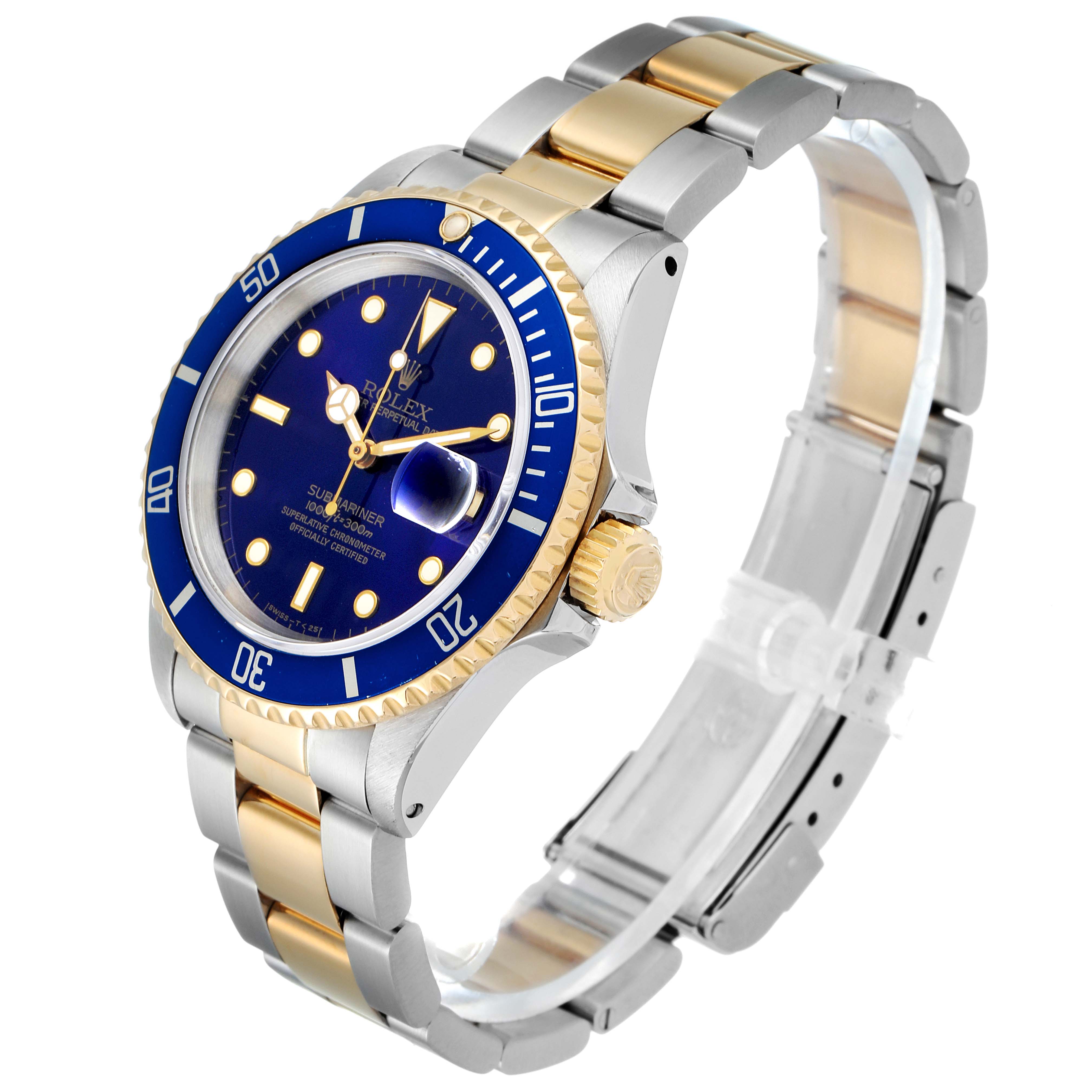 This image shows a Rolex Submariner 16613 Men
s Steel and Gold (two tone) Blue Dial 16613 Men
s Steel and Gold (two tone) Blue Dial watch at an angle highlighting its blue dial, gold bezel, and two-tone bracelet.