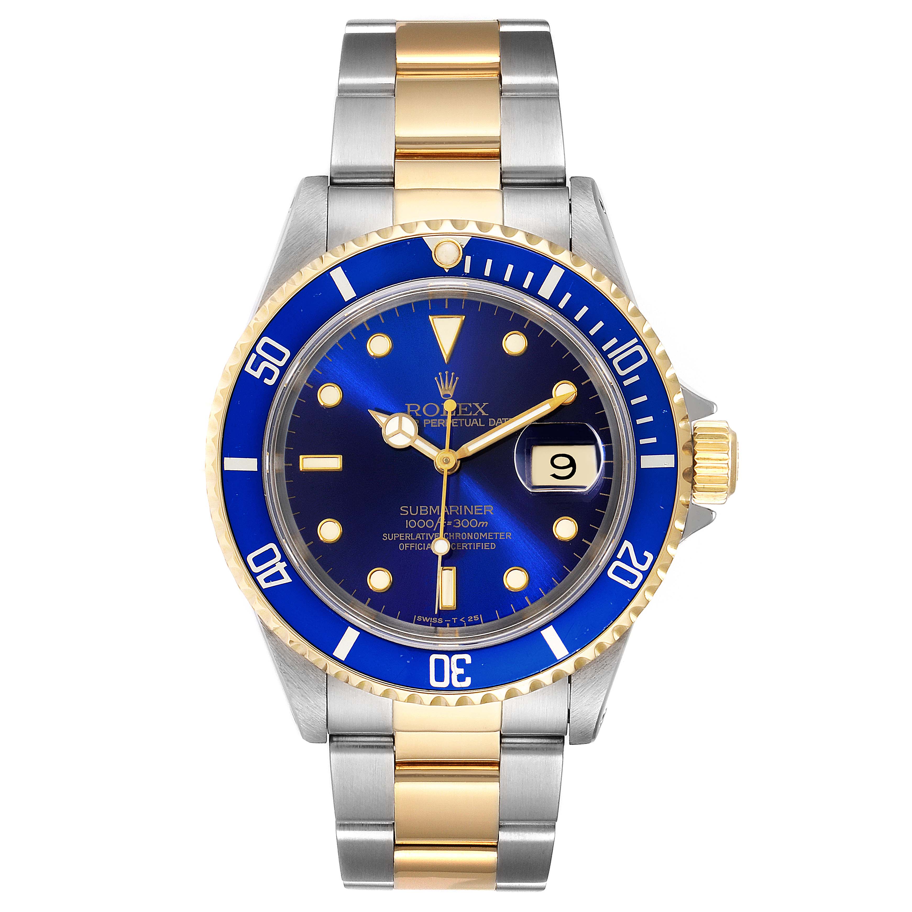 This Rolex Submariner 16613 Men
s Steel and Gold (two tone) Blue Dial 16613 Men
s Steel and Gold (two tone) Blue Dial watch is shown from the front, featuring a blue dial, date display, and a two-tone metal bracelet.