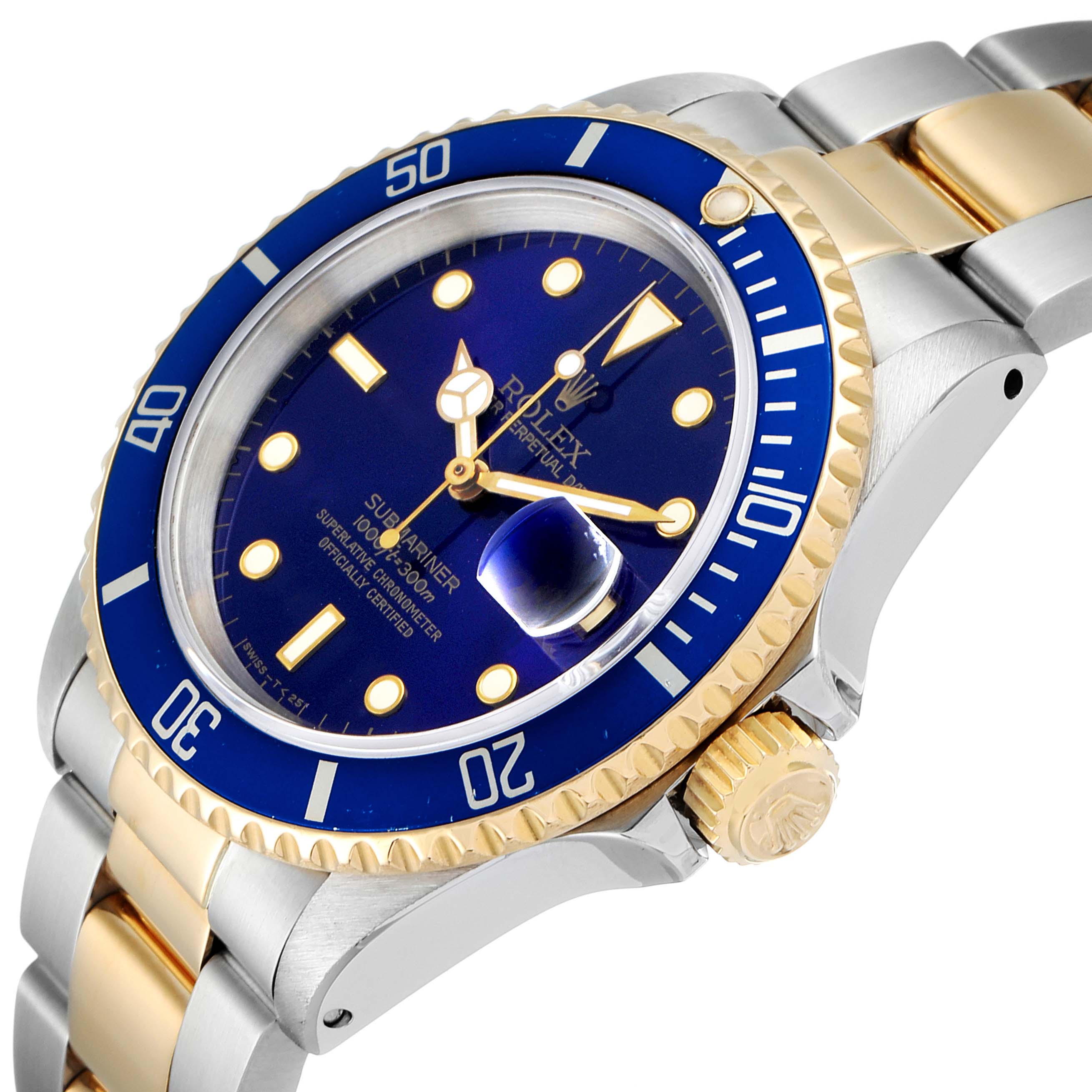 This image shows a close-up angled view of the Rolex Submariner 16613 Men
s Steel and Gold (two tone) Blue Dial 16613 Men
s Steel and Gold (two tone) Blue Dial watch, highlighting the blue dial, bezel, and two-tone bracelet.