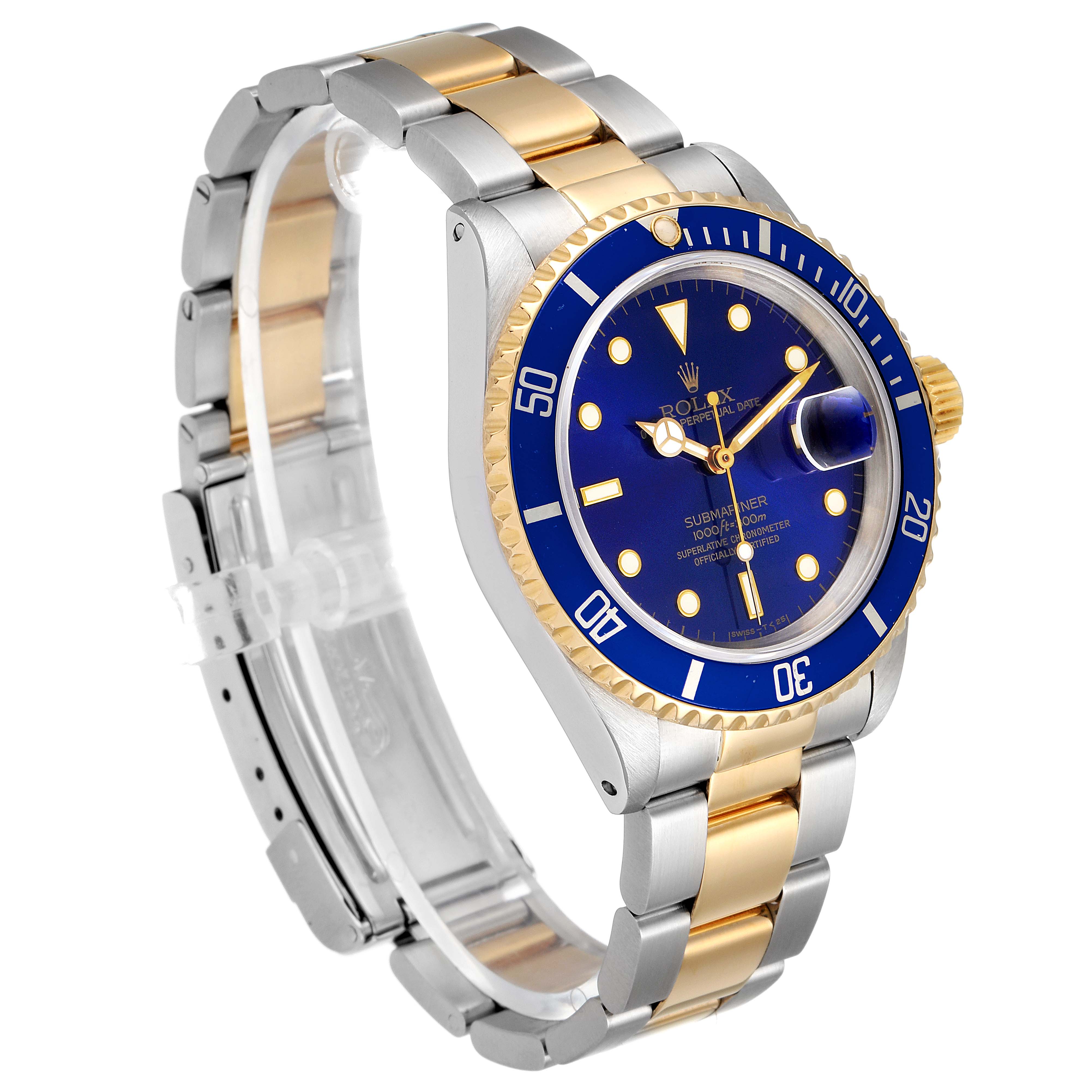 The image shows a Rolex Submariner 16613 Men
s Steel and Gold (two tone) Blue Dial 16613 Men
s Steel and Gold (two tone) Blue Dial watch from a front-left angle, highlighting the blue dial, bezel, two-tone bracelet, and crown.