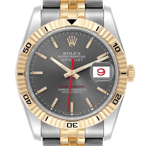 The Rolex Turn-o-Graph watch is shown from the front, displaying the bezel, dial, hands, date, and part of the two-tone bracelet.