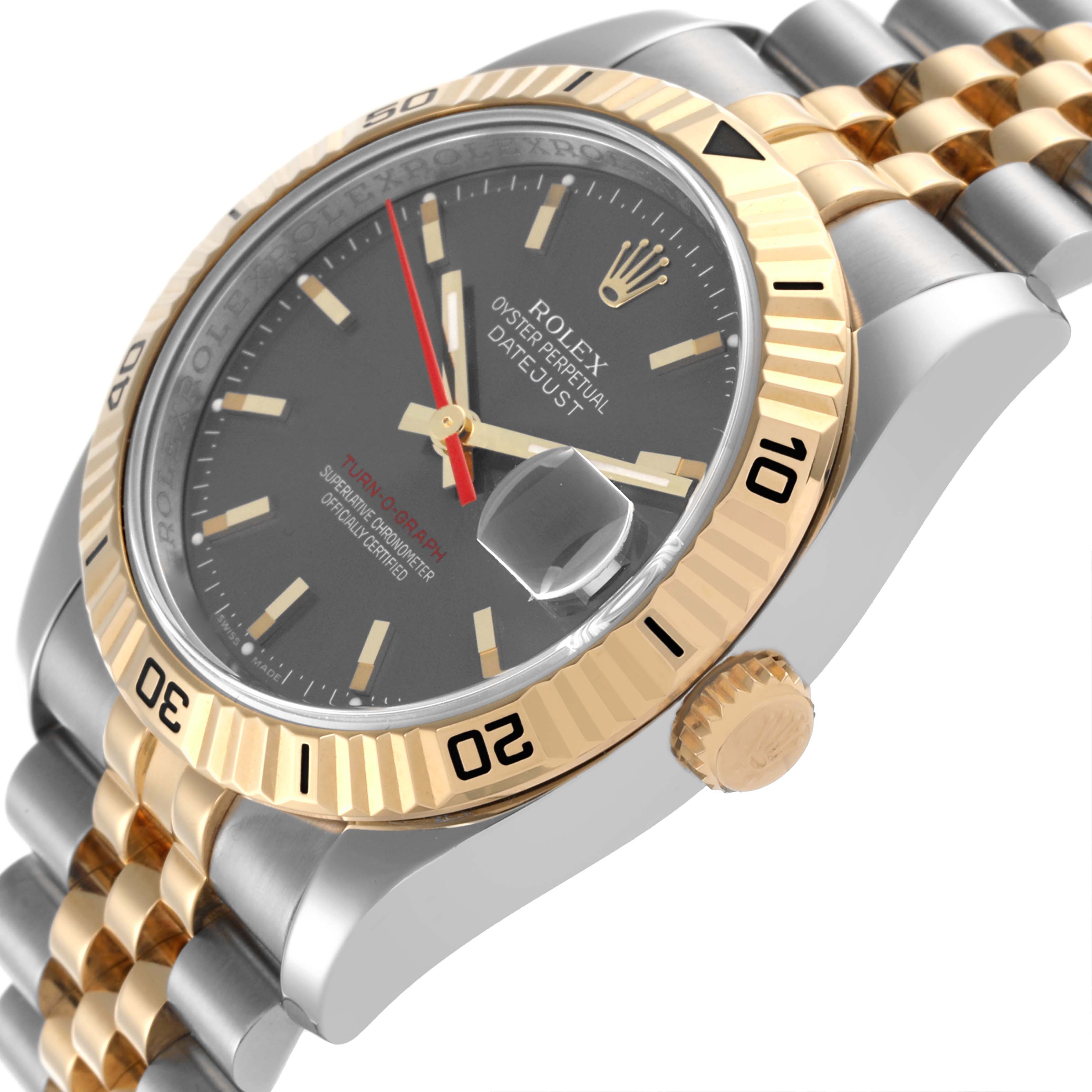 The Rolex Turn-o-Graph 116263 Men
s Steel and Gold (two tone) Grey Dial 116263 Men
s Steel and Gold (two tone) Grey Dial watch is shown at a side angle, highlighting the gold bezel, crown, and gold and silver bracelet.