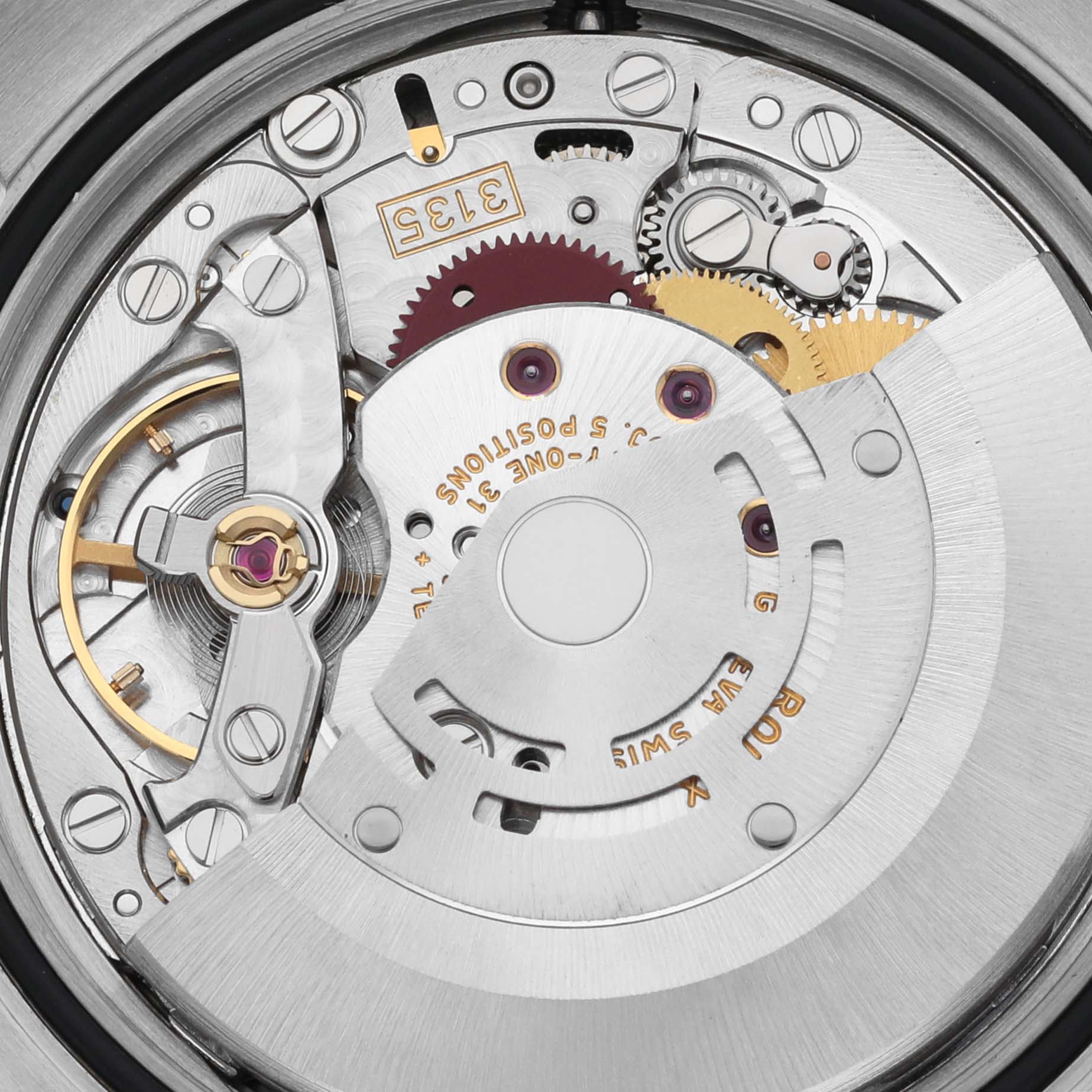 The image shows the intricate movement mechanism of a Rolex Turn-o-Graph 116263 Men
s Steel and Gold (two tone) Grey Dial 116263 Men
s Steel and Gold (two tone) Grey Dial watch from a back view, highlighting gears and components.