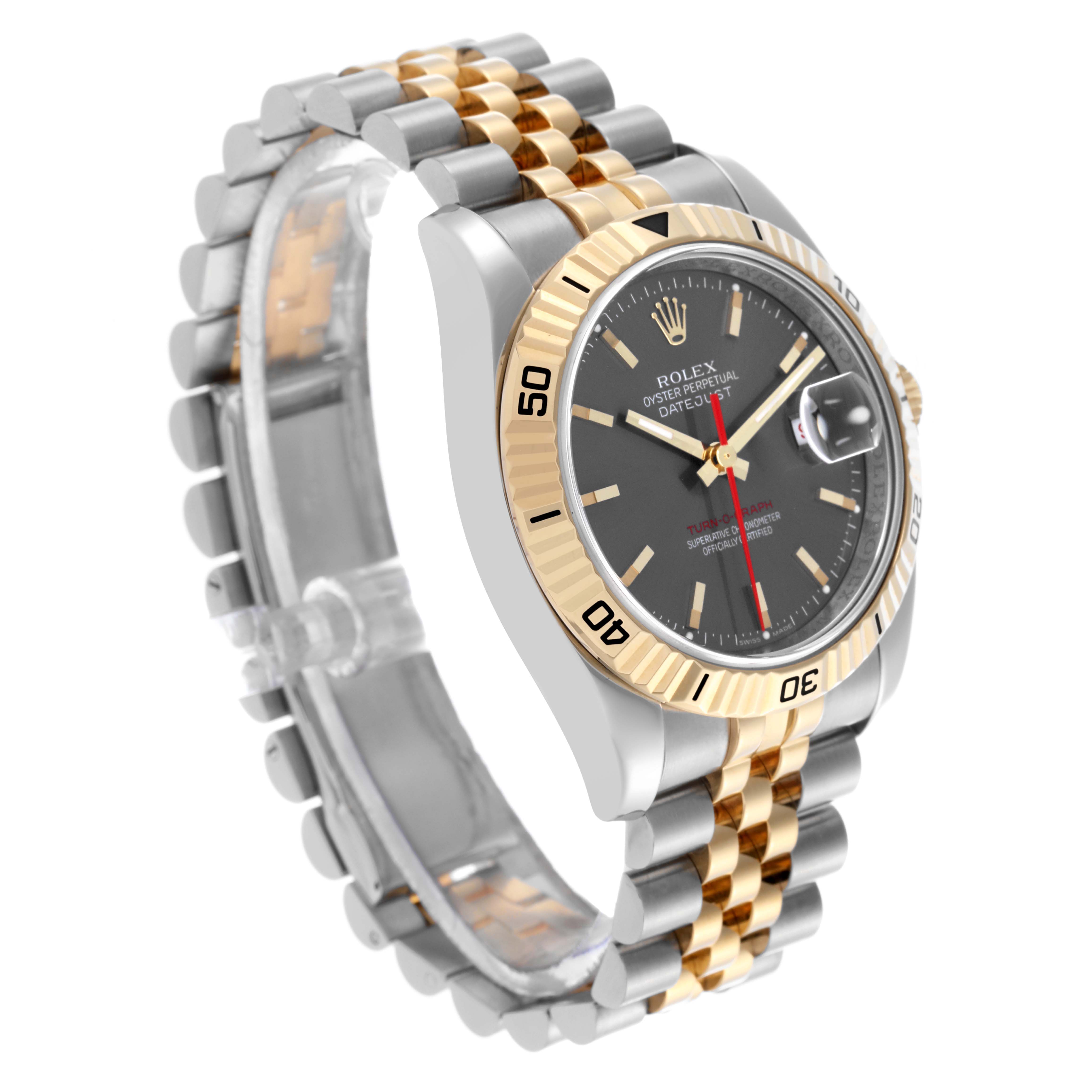 The Rolex Turn-o-Graph 116263 Men
s Steel and Gold (two tone) Grey Dial 116263 Men
s Steel and Gold (two tone) Grey Dial watch is shown at a three-quarter angle displaying its face, bezel, and two-tone bracelet.