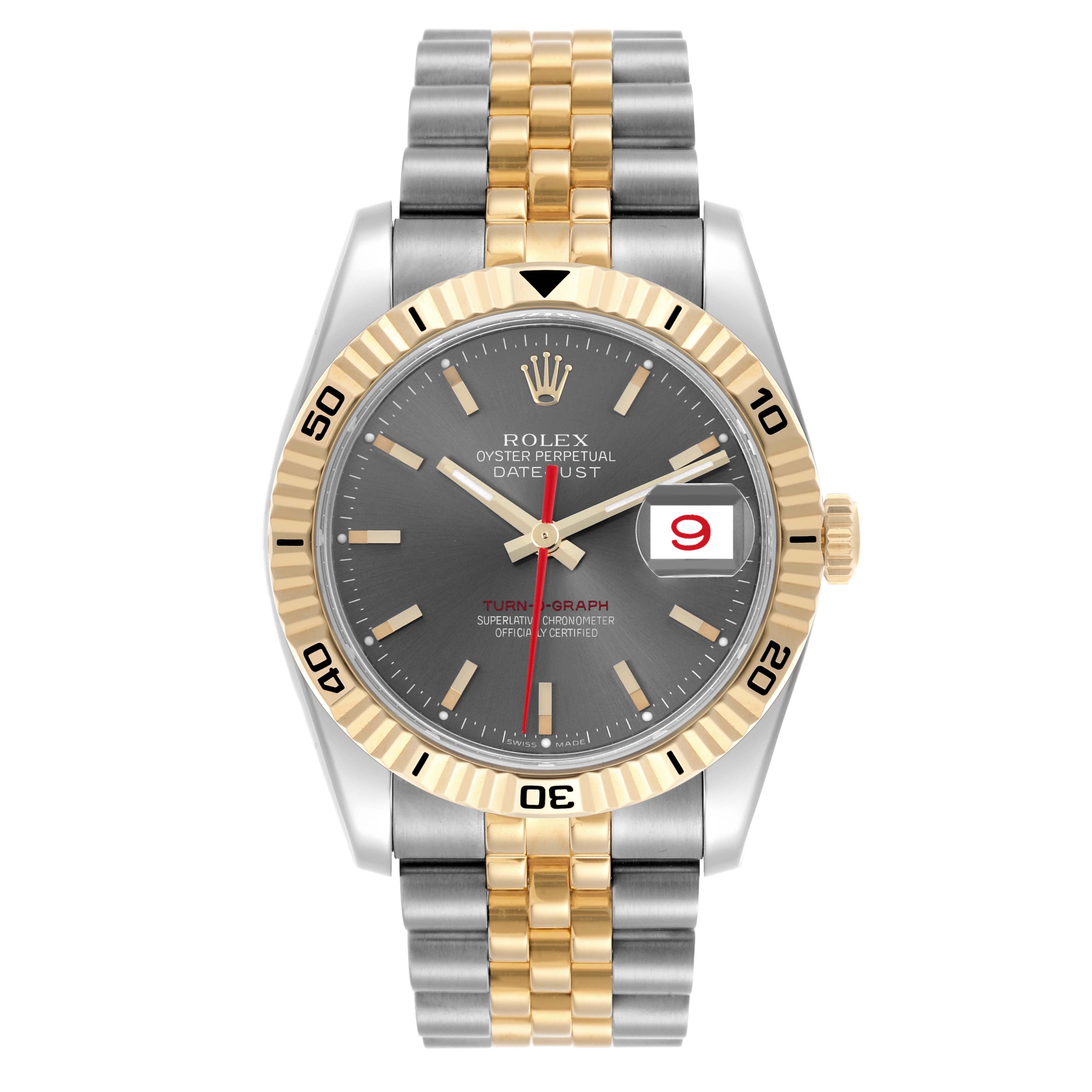 The Rolex Turn-o-Graph 116263 Men
s Steel and Gold (two tone) Grey Dial 116263 Men
s Steel and Gold (two tone) Grey Dial watch is shown from a top-down angle, featuring the face, bezel, and two-tone bracelet.