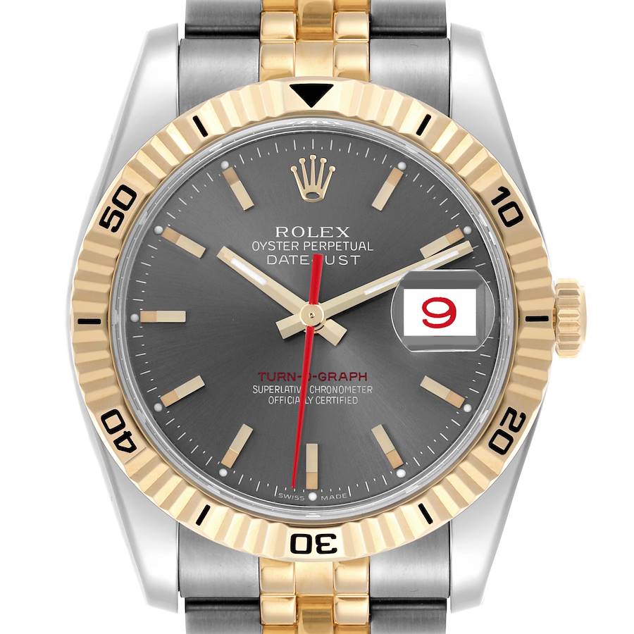 The Rolex Turn-o-Graph watch is shown from the front, highlighting the bezel, dial, date window, and bracelet.