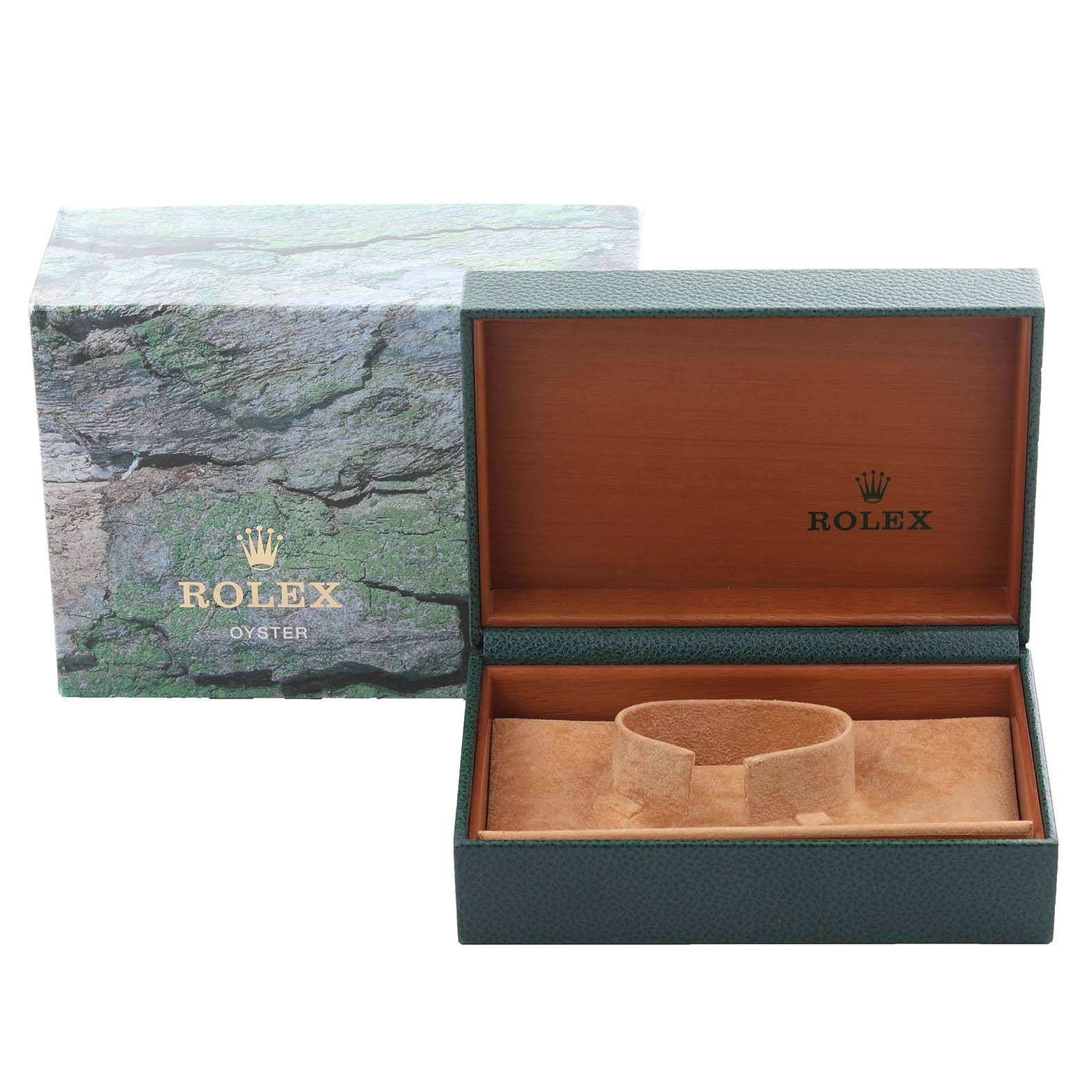 The image shows a Rolex Turn-o-Graph 116263 Men
s Steel and Gold (two tone) Grey Dial 116263 Men
s Steel and Gold (two tone) Grey Dial watch box with a green textured outer and inner wooden finish, positioned open with the pillow inside.