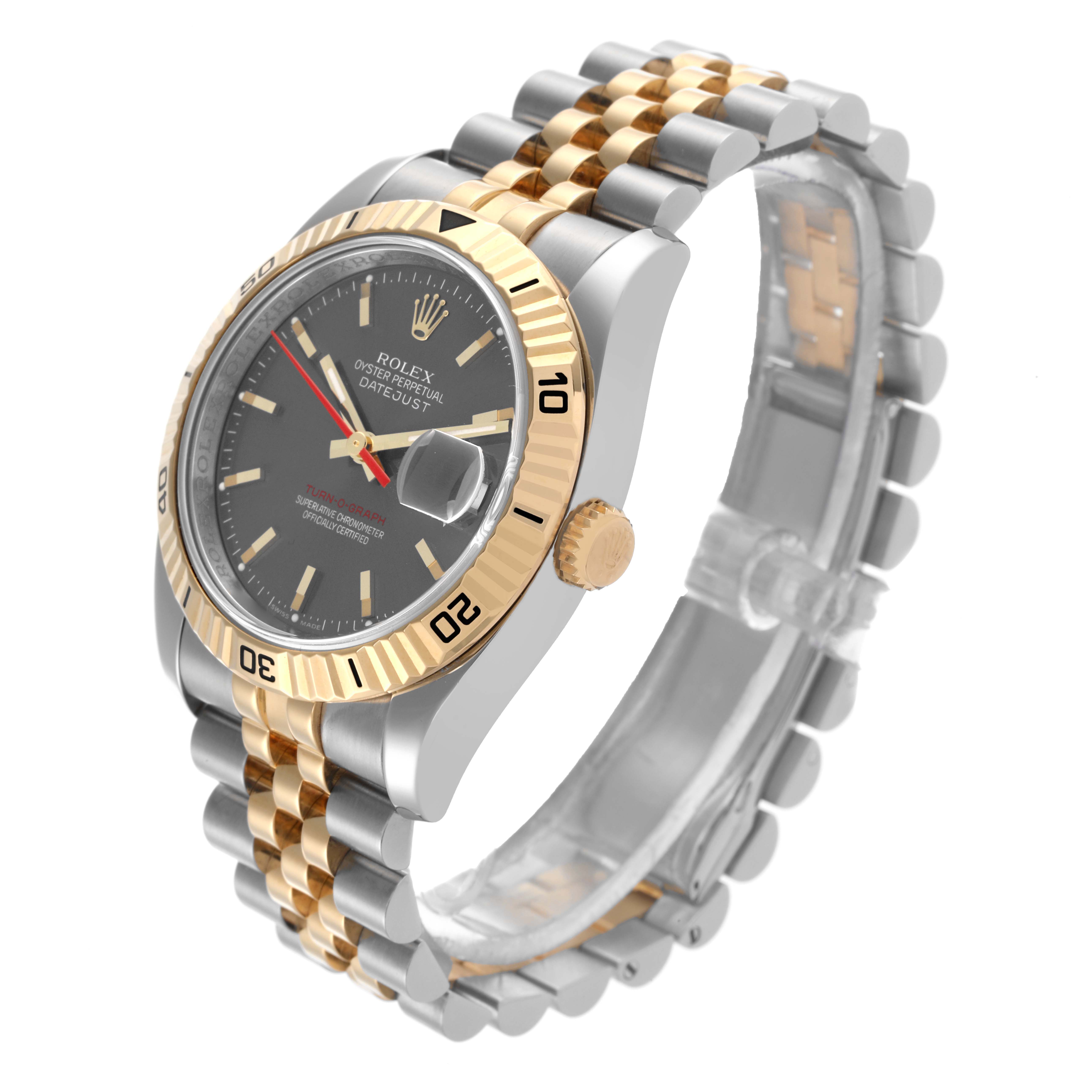 The Rolex Turn-o-Graph 116263 Men
s Steel and Gold (two tone) Grey Dial 116263 Men
s Steel and Gold (two tone) Grey Dial watch is shown from a front-right angle, highlighting its bezel, dial, crown, and Jubilee bracelet.
