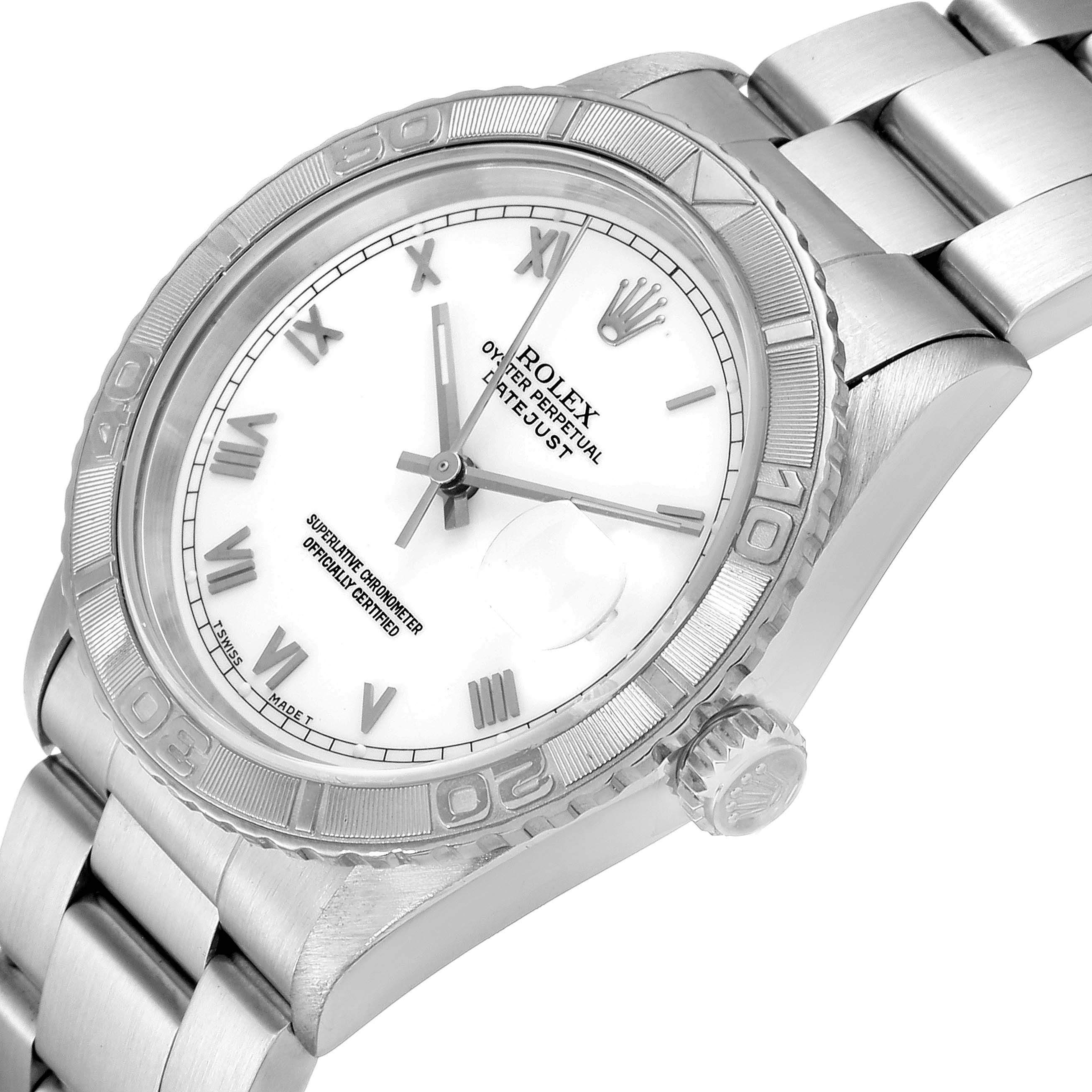 The image shows a Rolex Turn-o-Graph 16264 Men
s Stainless Steel White Dial 16264 Men
s Stainless Steel White Dial watch at an angled close-up, highlighting the dial, bezel, crown, and part of the bracelet.
