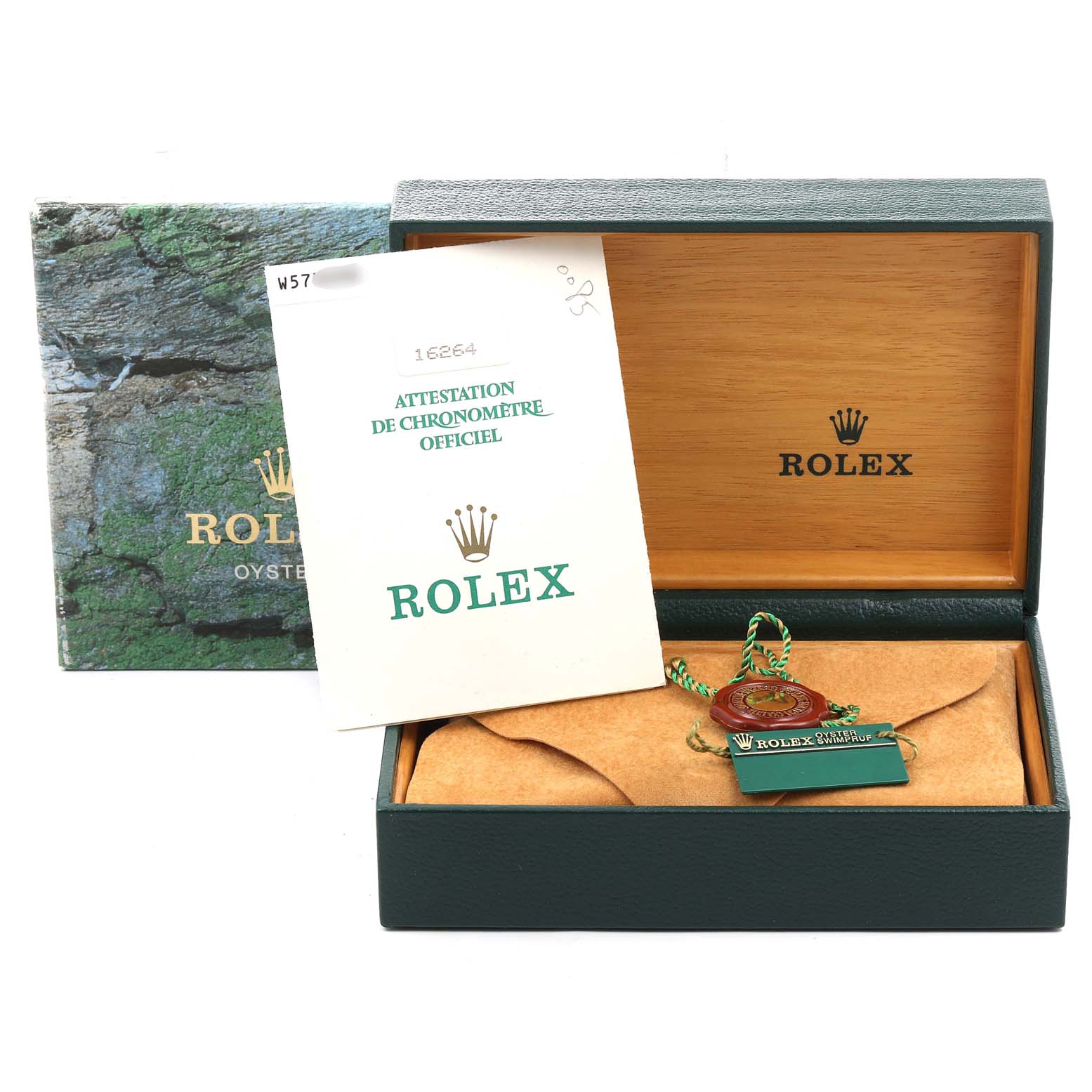 The image shows the packaging, documentation, and Best Quality
ation materials for a Rolex Turn-o-Graph 16264 Men
s Stainless Steel White Dial 16264 Men
s Stainless Steel White Dial watch, including the box and tags.