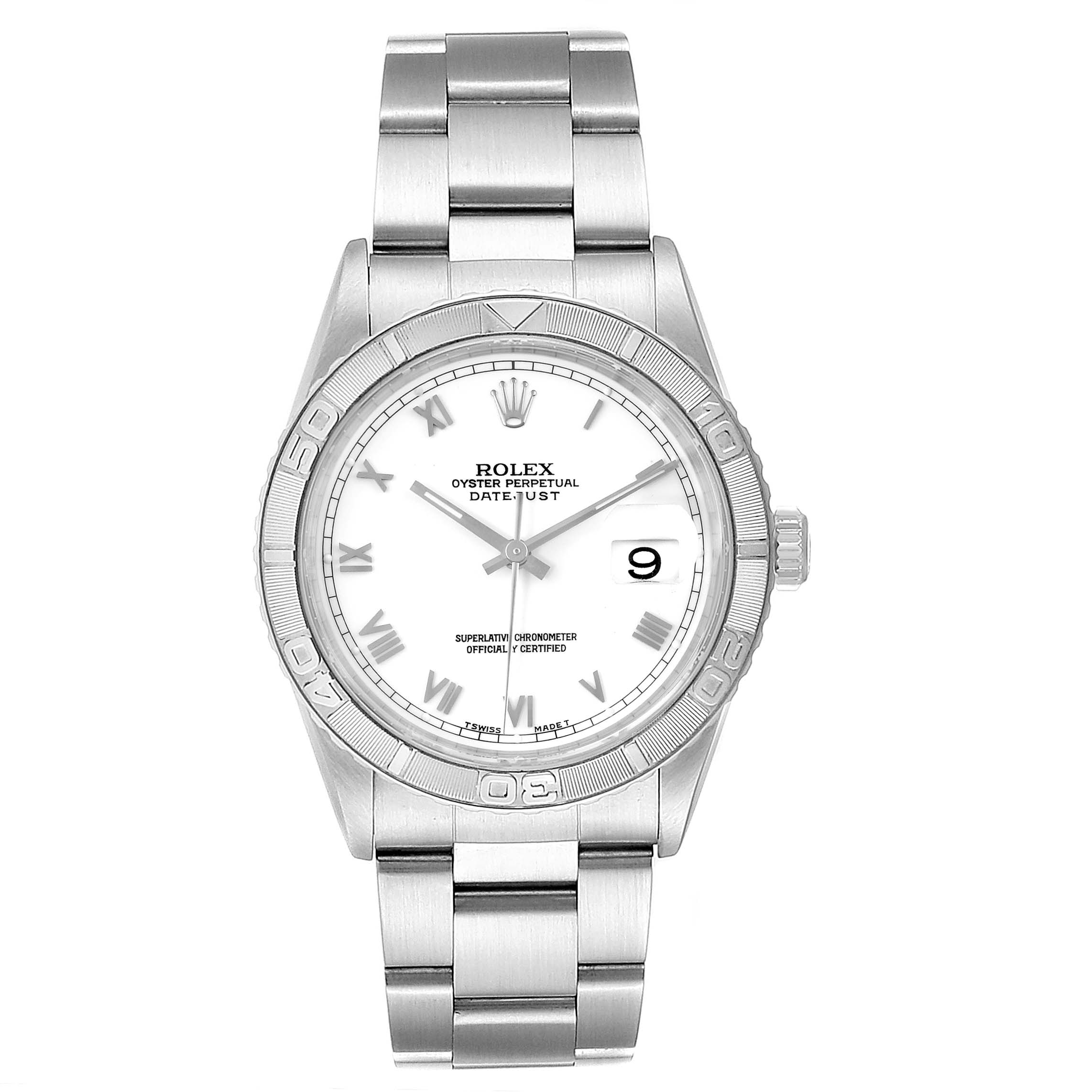 This image shows a frontal view of a Rolex Turn-o-Graph 16264 Men
s Stainless Steel White Dial 16264 Men
s Stainless Steel White Dial watch, displaying its dial, bezel, hands, and bracelet.