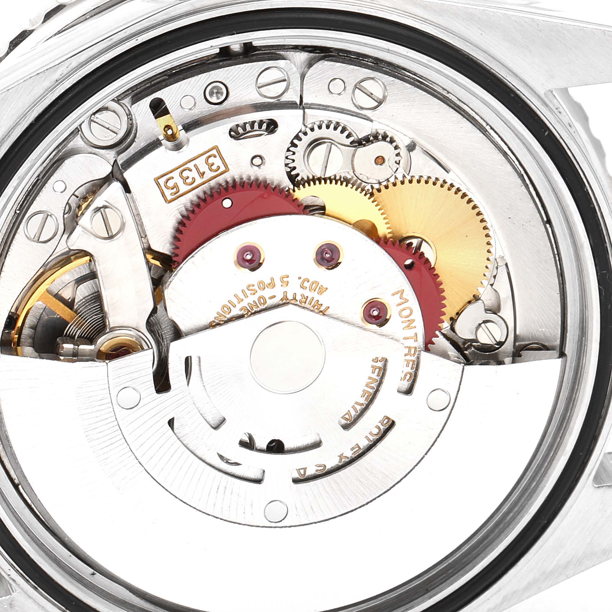 The image shows the internal mechanical movement of a Rolex Turn-o-Graph 16264 Men
s Stainless Steel White Dial 16264 Men
s Stainless Steel White Dial watch from a close-up angle.