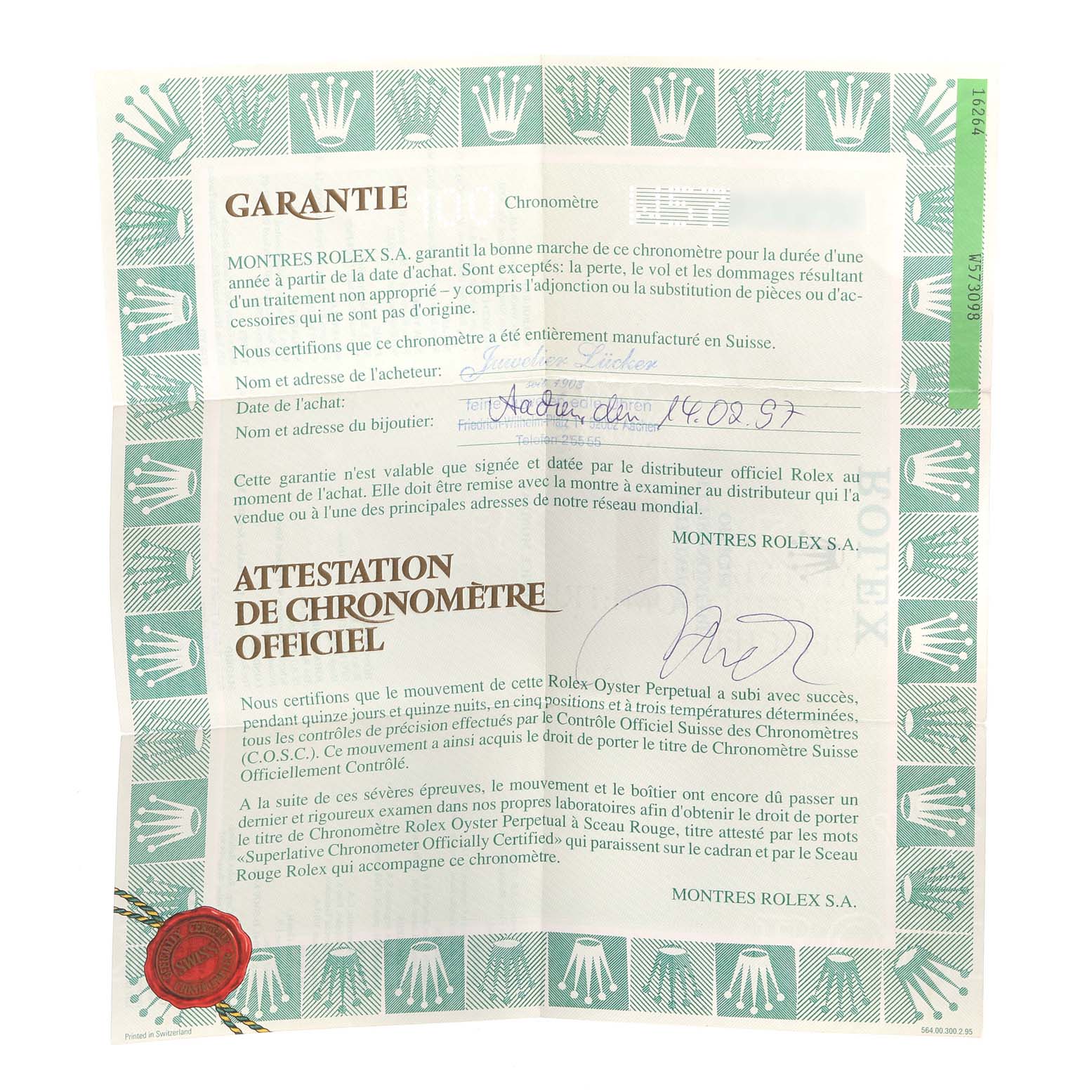 The image shows a warranty certificate for the Rolex Turn-o-Graph 16264 Men
s Stainless Steel White Dial 16264 Men
s Stainless Steel White Dial model, detailing the official chronometer certification and purchase information.