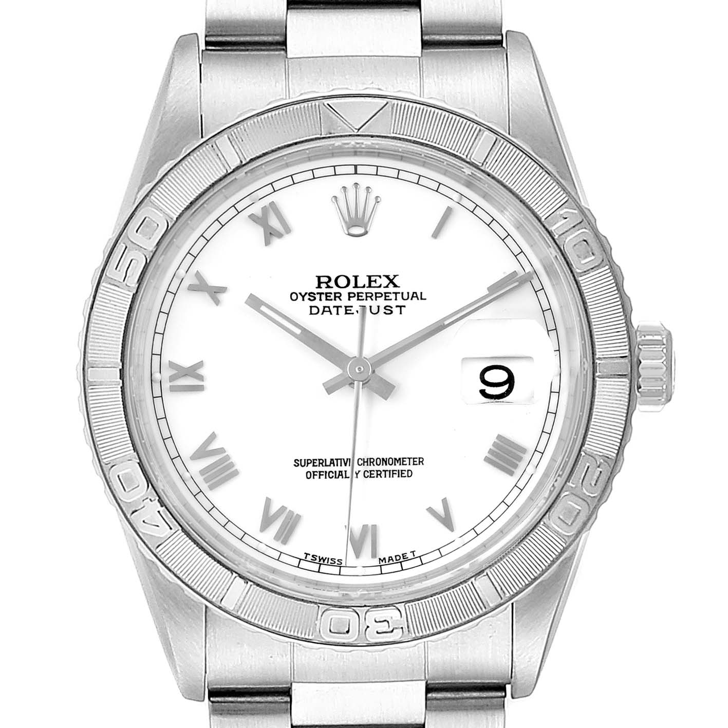 This image shows a front view of a Rolex Turn-o-Graph 16264 Men
s Stainless Steel White Dial 16264 Men
s Stainless Steel White Dial watch displaying its face, bezel, and part of the bracelet.