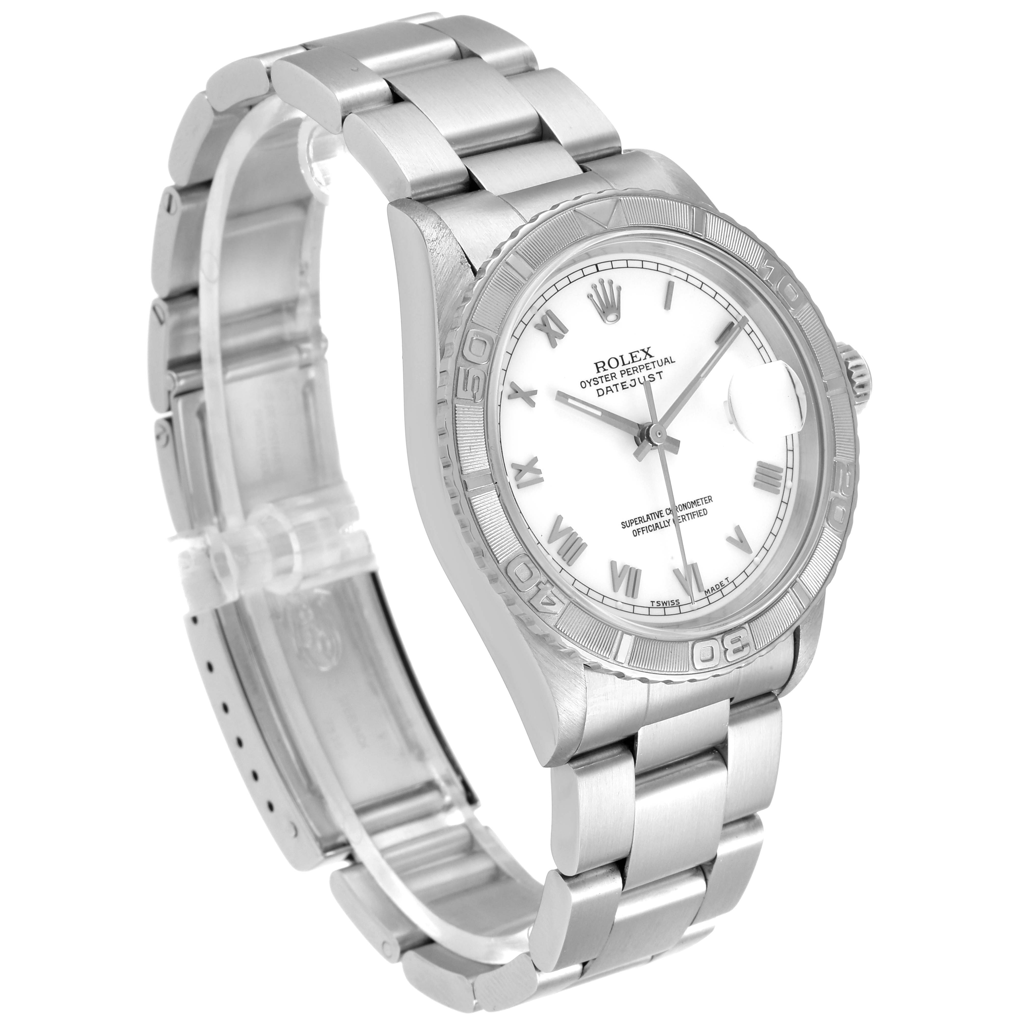 The Rolex Turn-o-Graph 16264 Men
s Stainless Steel White Dial 16264 Men
s Stainless Steel White Dial watch is shown at a three-quarter angle, displaying the face, bracelet, and crown.