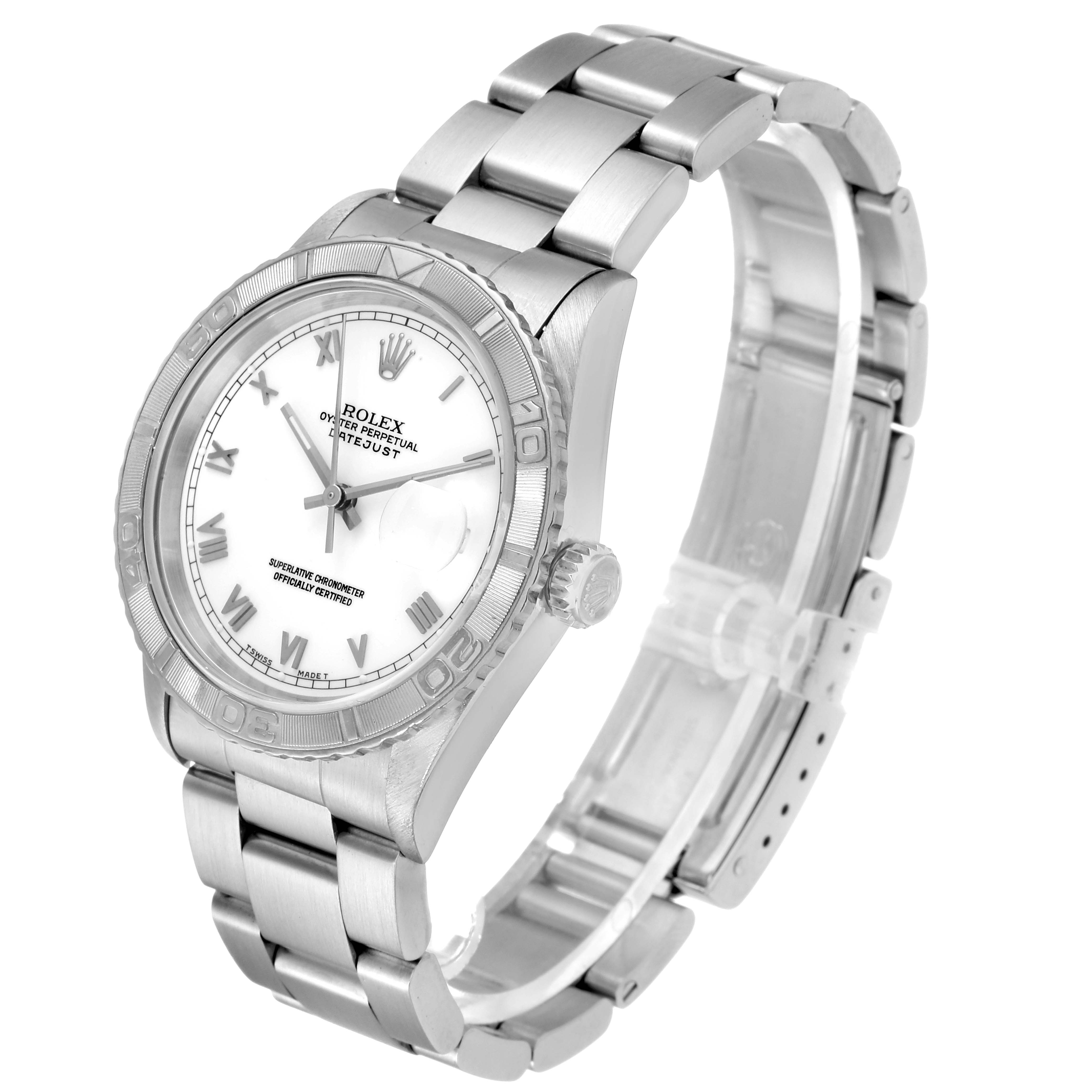 The Rolex Turn-o-Graph 16264 Men
s Stainless Steel White Dial 16264 Men
s Stainless Steel White Dial watch is shown at an angle displaying the dial, bezel, crown, and part of the band.